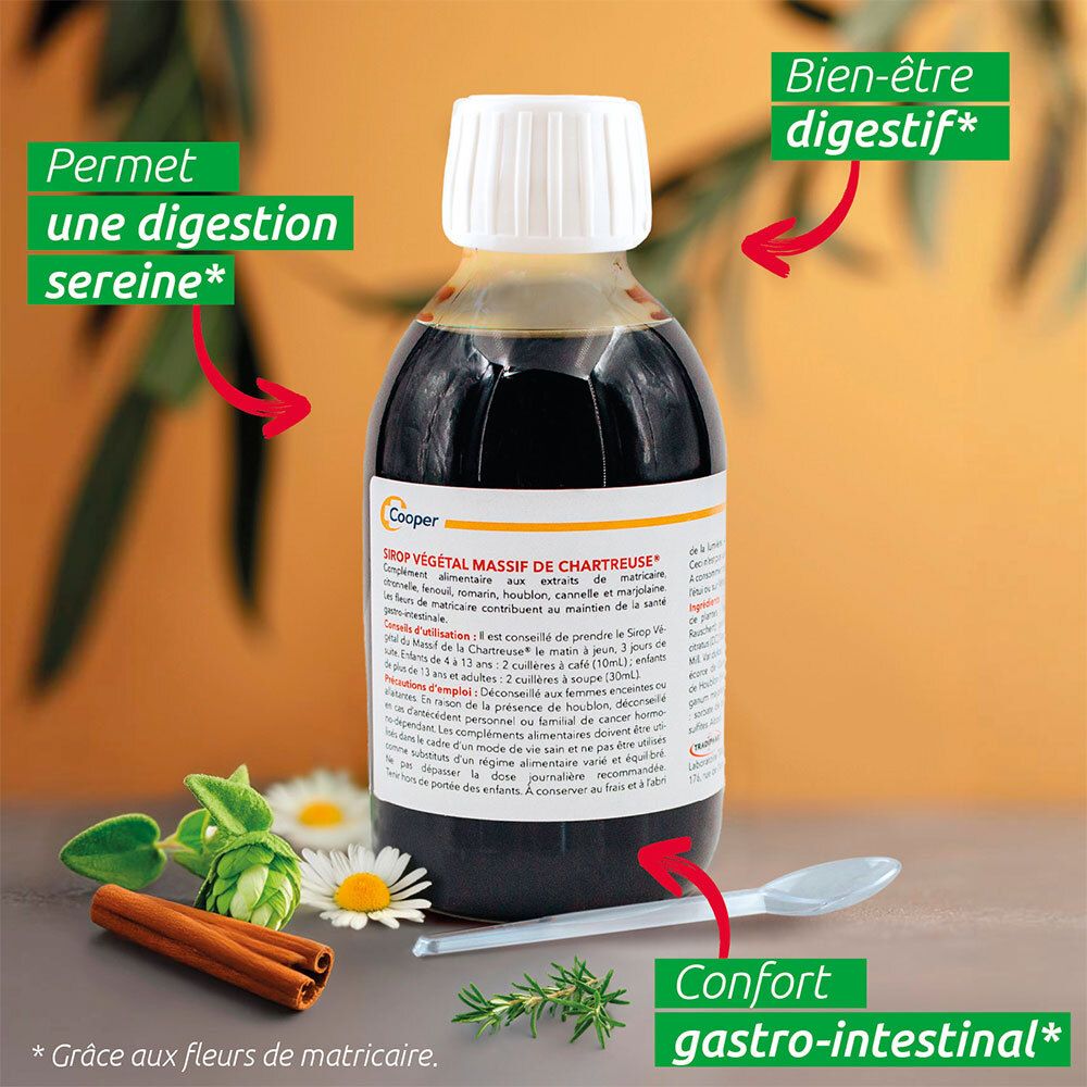 Bouteille avec liquide brun. Texte: SIROP VÉGÉTAL DU MASSIF DE CHARTREUSE. Flèches pointant vers texte: Bien-être digestif, Confort gastro-intestinal.