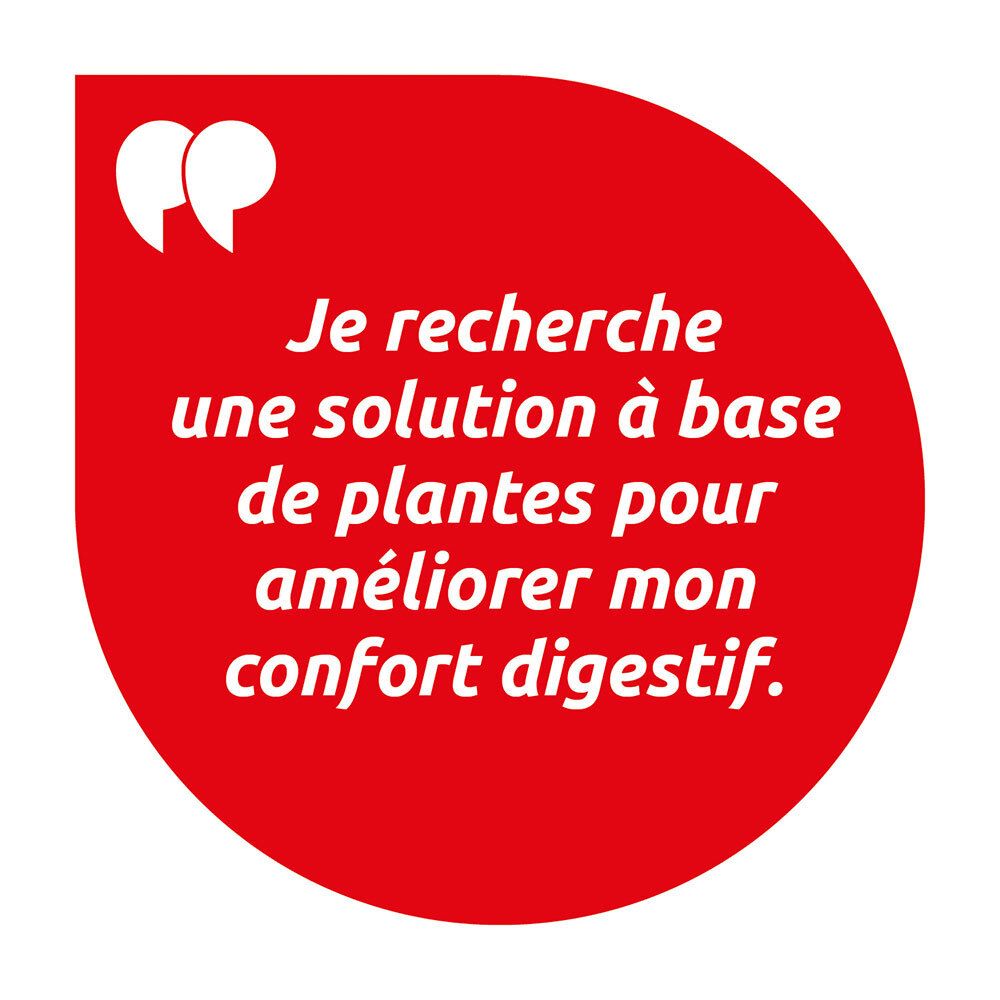 Cercle rouge avec texte: Je recherche une solution à base de plantes pour améliorer mon confort digestif.