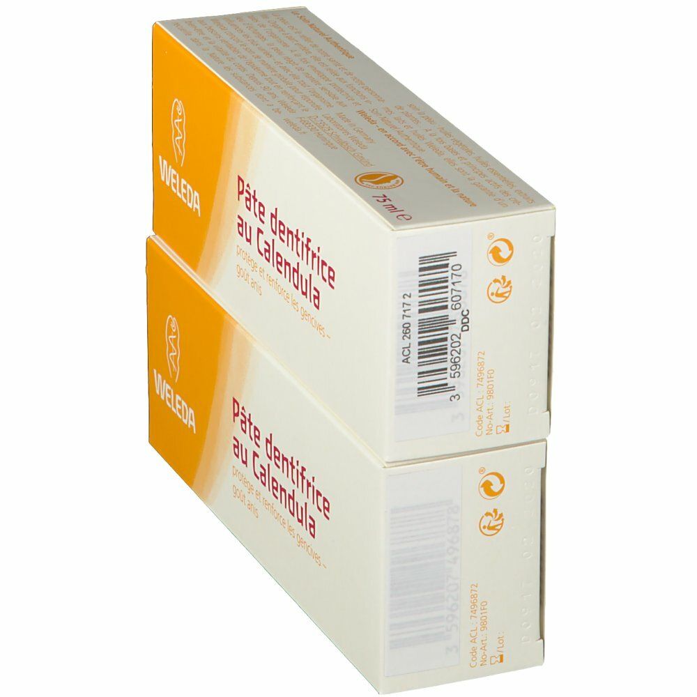 Deux boîtes de dentifrice au Calendula. Inscription: Weleda, Oral Care, certification bio, goût anis. Autocollant de réduction.