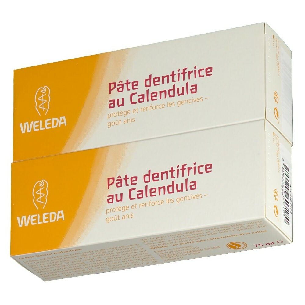 Deux boîtes de dentifrice au Calendula. Inscription: Weleda, Oral Care, certification bio, goût anis. Autocollant de réduction.