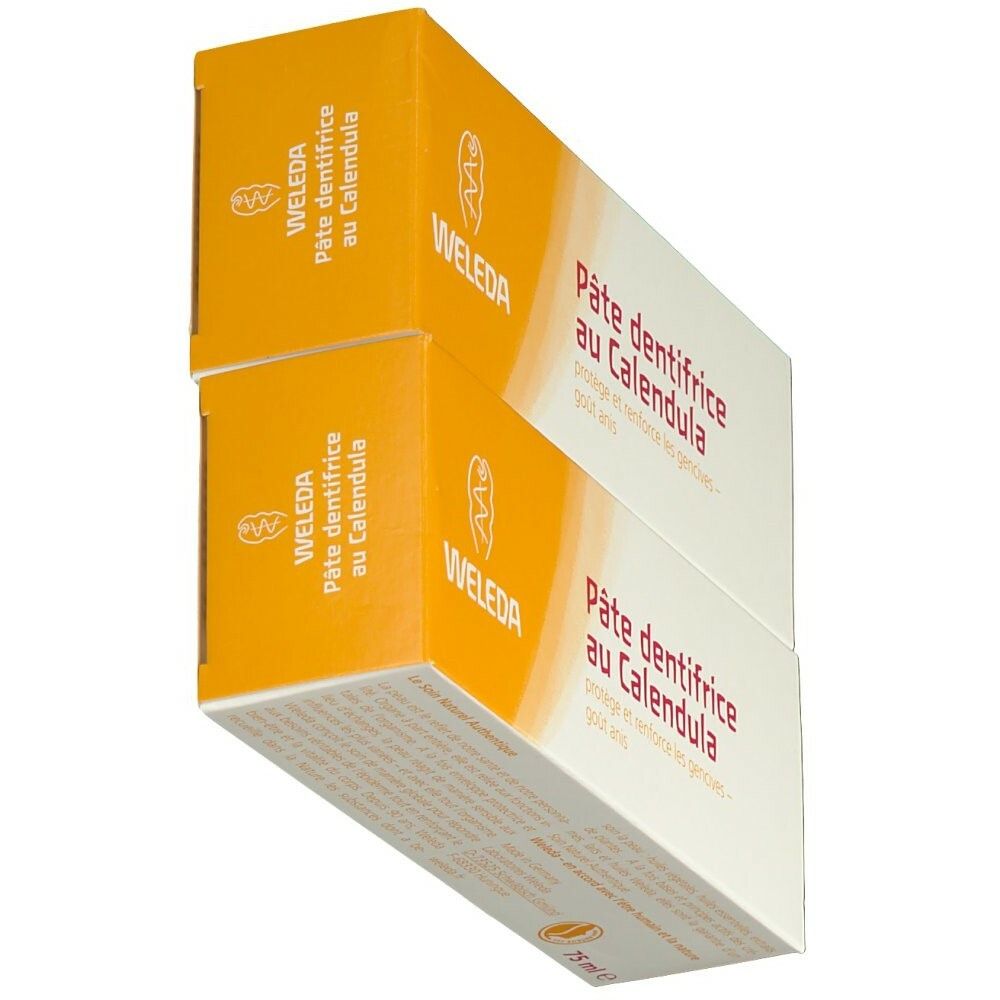 Deux boîtes de dentifrice au Calendula. Inscription: Weleda, Oral Care, certification bio, goût anis. Autocollant de réduction.