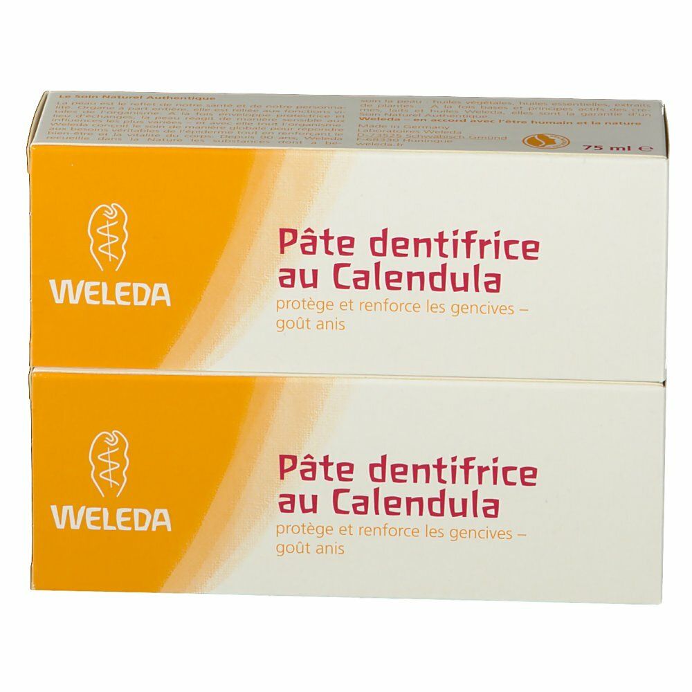 Deux boîtes de dentifrice au Calendula. Inscription: Weleda, Oral Care, certification bio, goût anis. Autocollant de réduction.