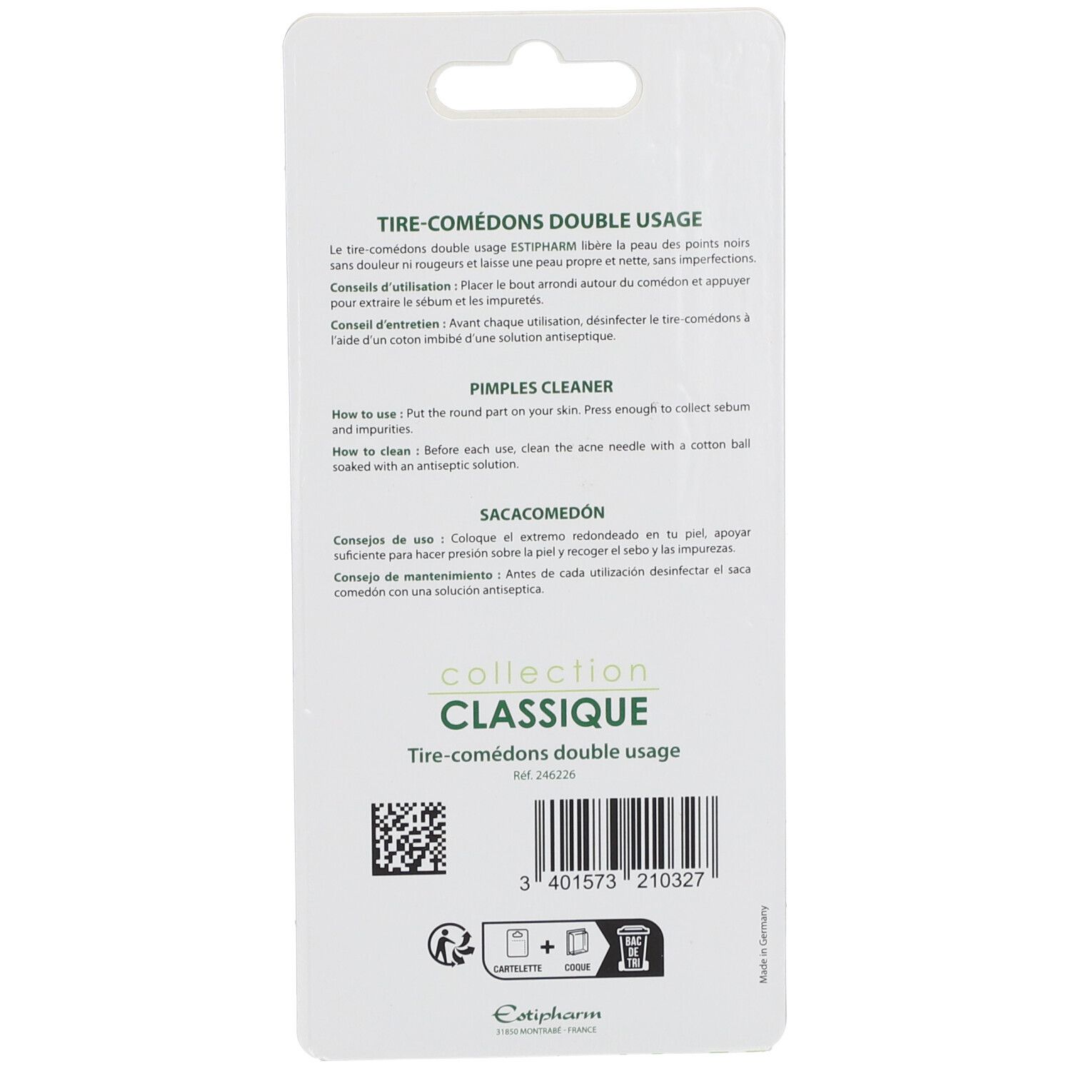 Rückseite der Verpackung mit Text. Produktname: Tire-Comédons Double Usage. Marke Estipharm. QR-Code und Strichcode.