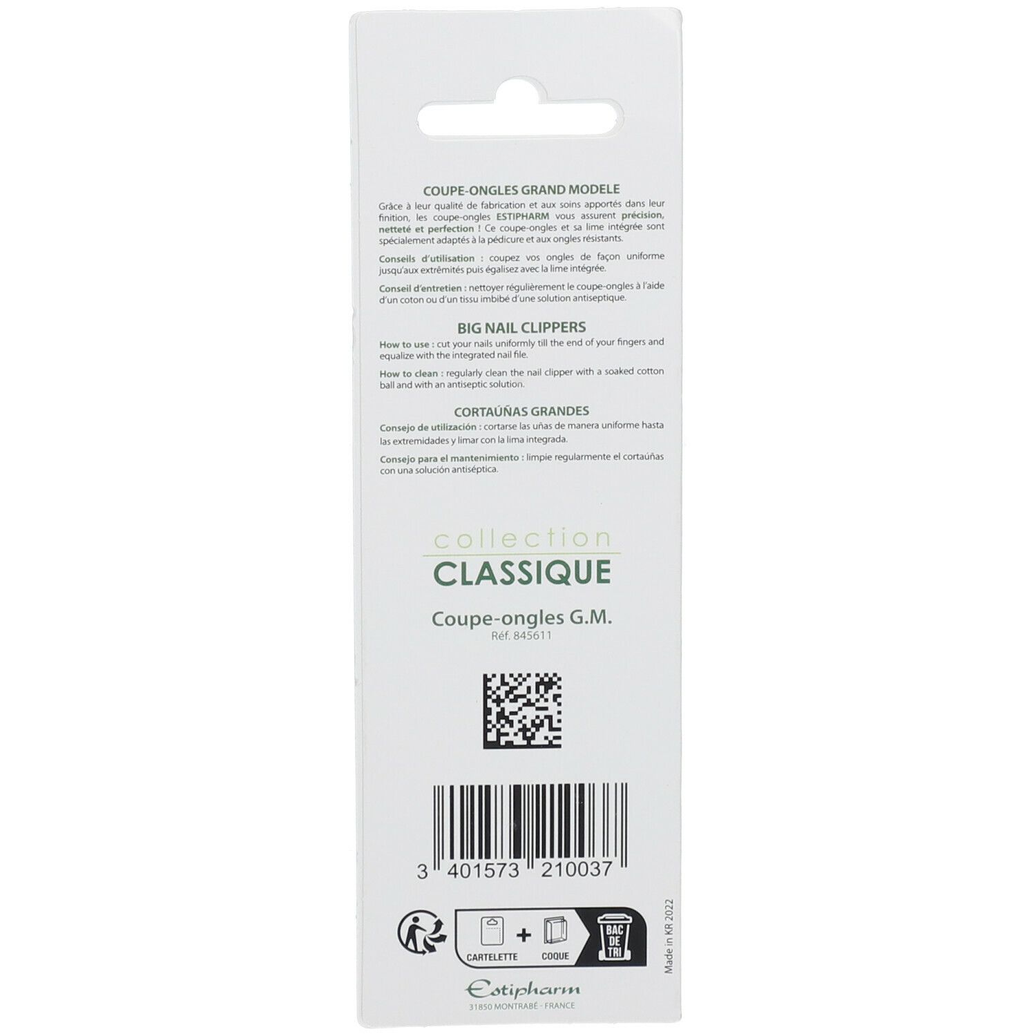 Dos de l'emballage. Texte: COUPE-ONGLES GRAND MODELE, COLLECTION CLASSIQUE, Estipharm.