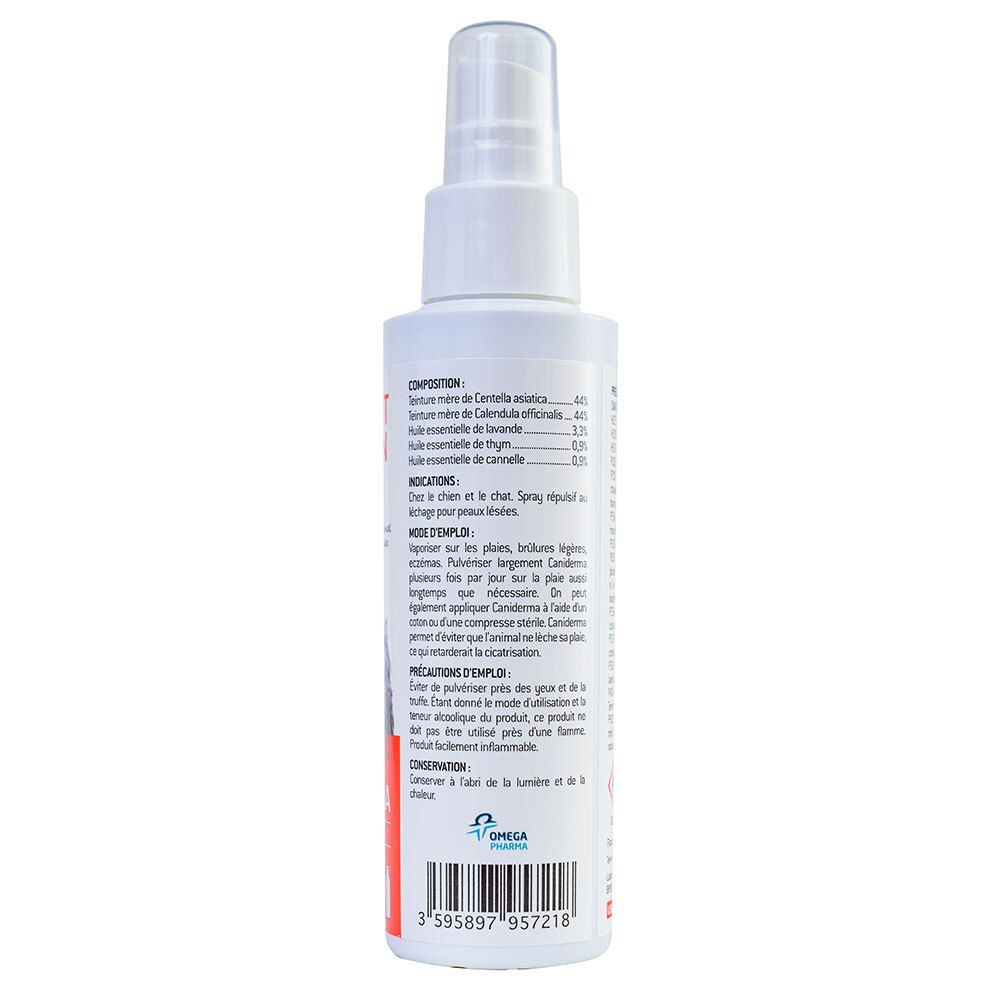 Dos du flacon spray blanc. Texte avec ingrédients, mode d'emploi et précautions. Logo: Omega Pharma.