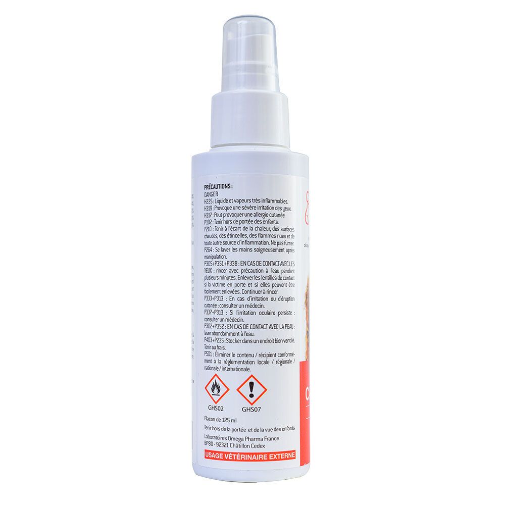 Dos du flacon spray blanc. Texte avec précautions et mentions de danger. Logo: Omega Pharma. Flacon: 125 ml.