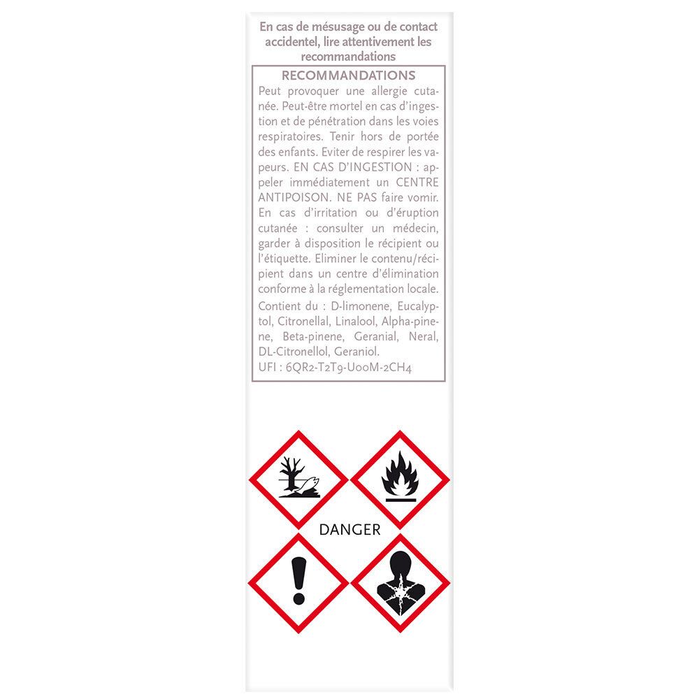Achterkant van de verpakking van PHYTOSUN arôms Spa Complex. Gevarenaanduidingen en veiligheidsinstructies in het Frans.