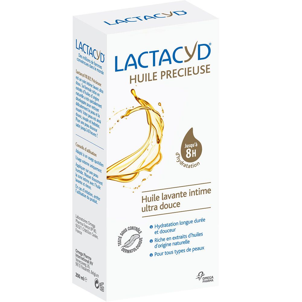 Emballage Lactacyd® Huile Précieuse. Boîte blanche avec image du produit. Inscription: Huile lavante intime ultra douce.
