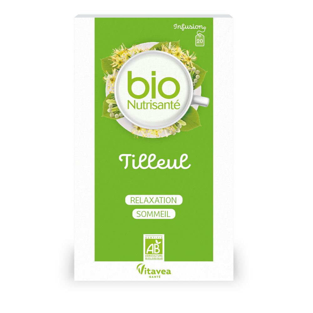 Verpackung von bio Nutrisanté TILLEUL. Grün-weißes Design mit Logo und Text. AB-Zertifizierung.