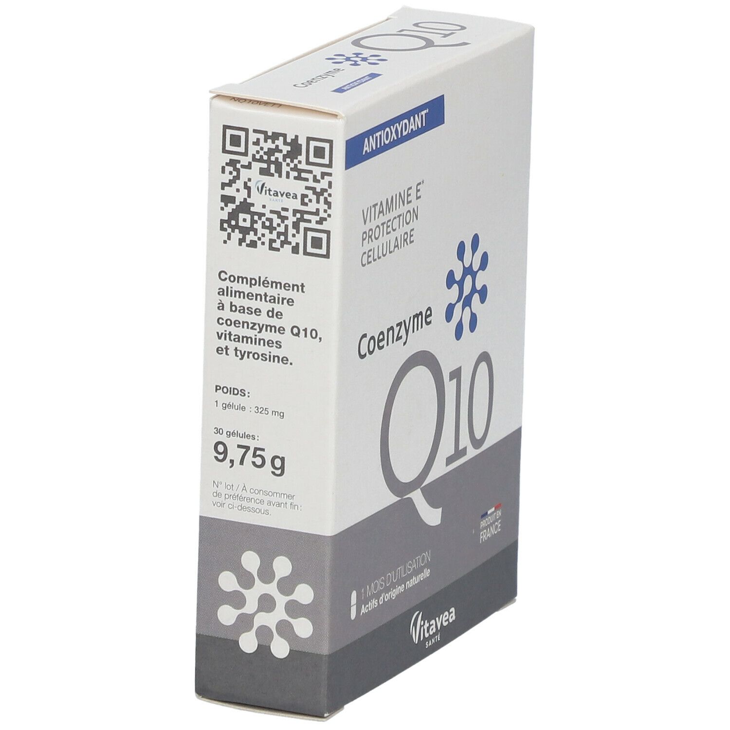 Schachtel Nutrisanté COENZYME Q10. Aufschrift: ANTIOXYDANT, VITAMINE E, PROTECTION CELLULAIRE. Enthält 30 Kapseln. Marke VitaVea.
