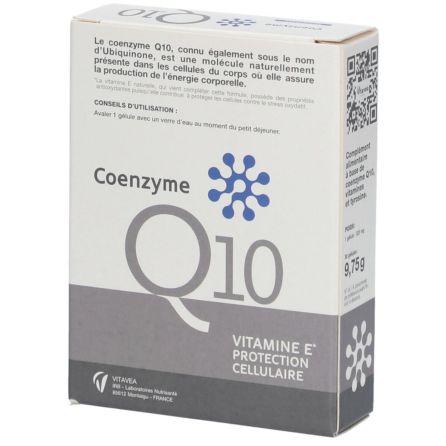 Schachtel Nutrisanté COENZYME Q10. Aufschrift: VITAMINE E, PROTECTION CELLULAIRE. Enthält 30 Kapseln. Marke VitaVea. Text auf Französisch.