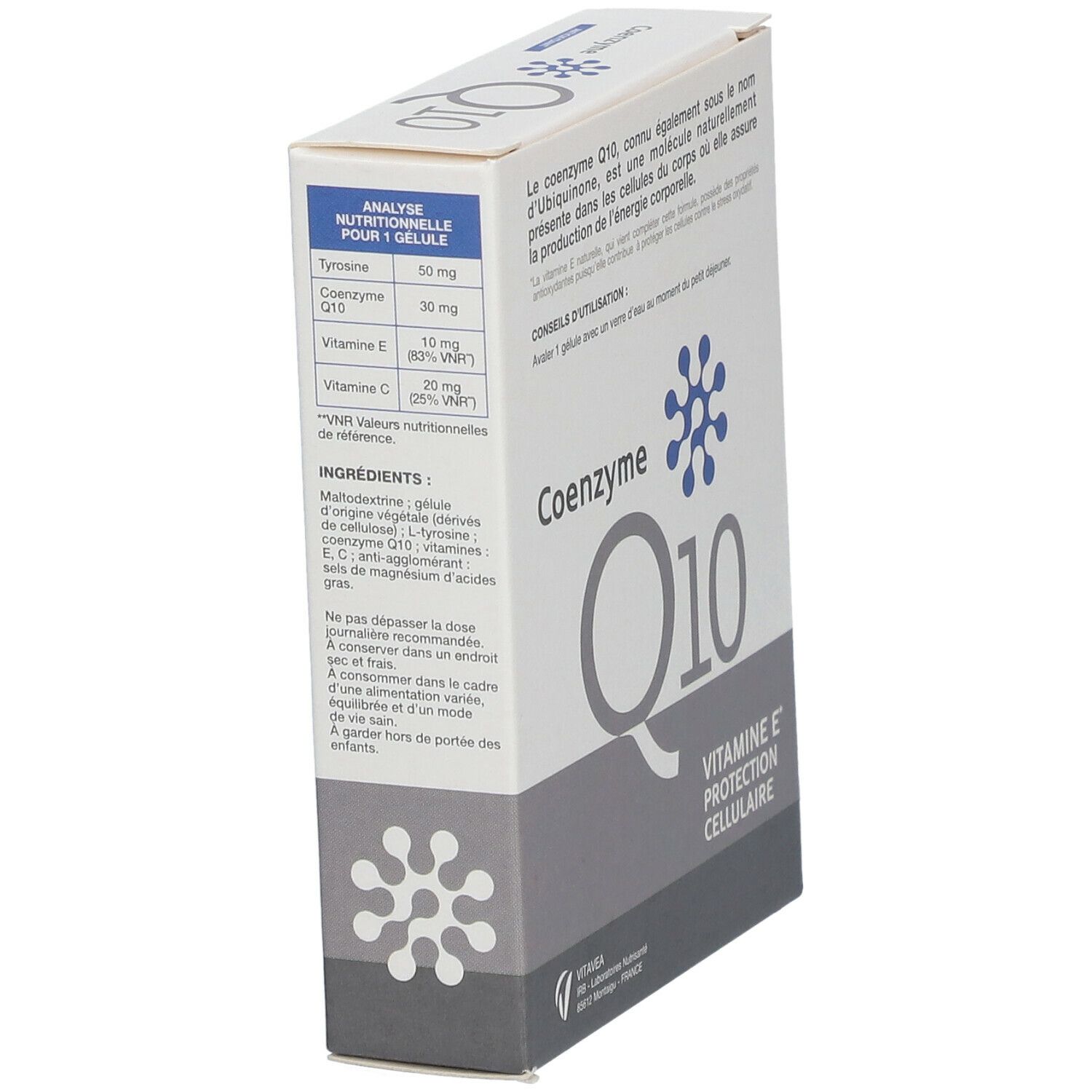 Schachtel Nutrisanté COENZYME Q10. Aufschrift: ANTIOXYDANT, VITAMINE E, PROTECTION CELLULAIRE. Nährwertanalyse. Marke VitaVea.