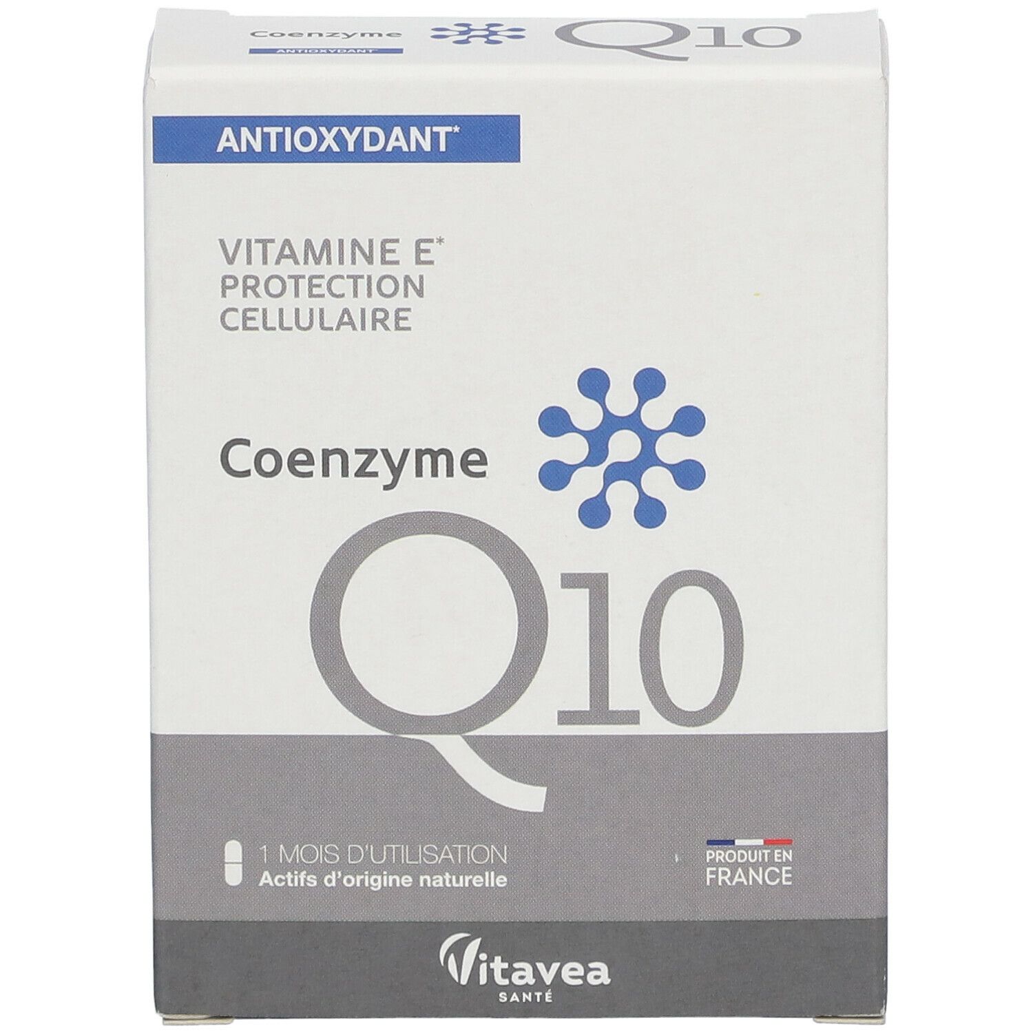 Schachtel Nutrisanté COENZYME Q10. Aufschrift: ANTIOXYDANT, VITAMINE E, PROTECTION CELLULAIRE. Marke VitaVea. Hergestellt in Frankreich.