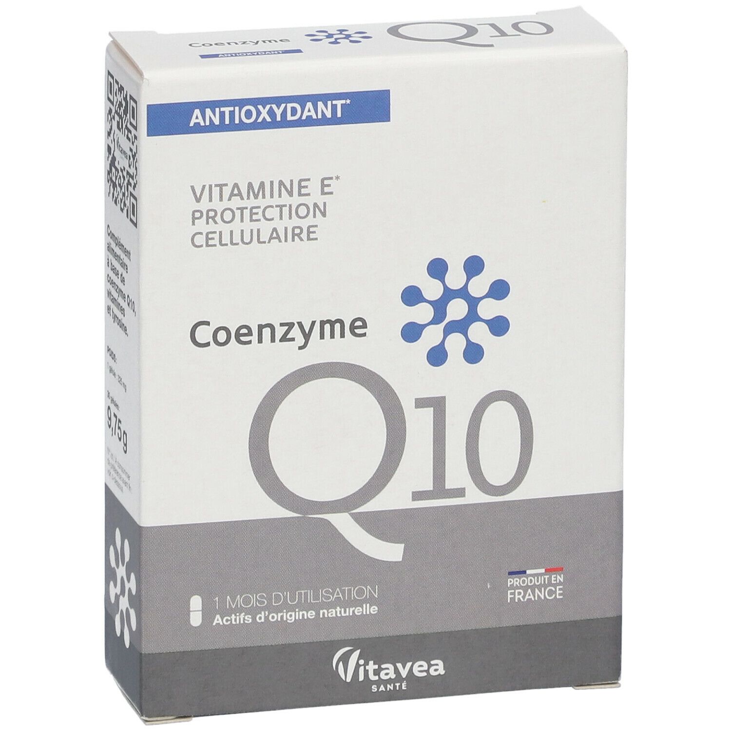 Schachtel Nutrisanté COENZYME Q10. Aufschrift: ANTIOXYDANT, VITAMINE E, PROTECTION CELLULAIRE. Marke VitaVea. Hergestellt in Frankreich.