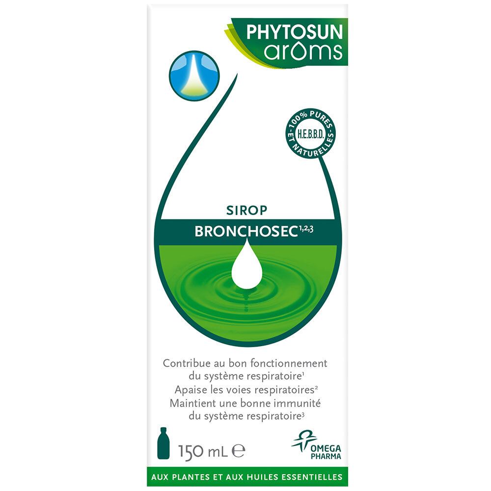 Boîte de sirop Bronchosec, Phytosun Aroms. Inscriptions en vert et blanc. Contient 150 ml.
