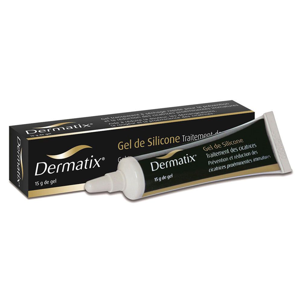 Dermatix® Gel, Tube und Schachtel. Schwarze Schachtel mit Produktnamen und Gel-Tube daneben.