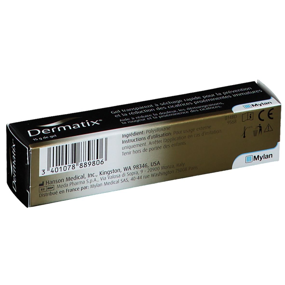 Dos de la boîte noire avec informations sur le produit. Contient un code-barres et le logo Mylan.
