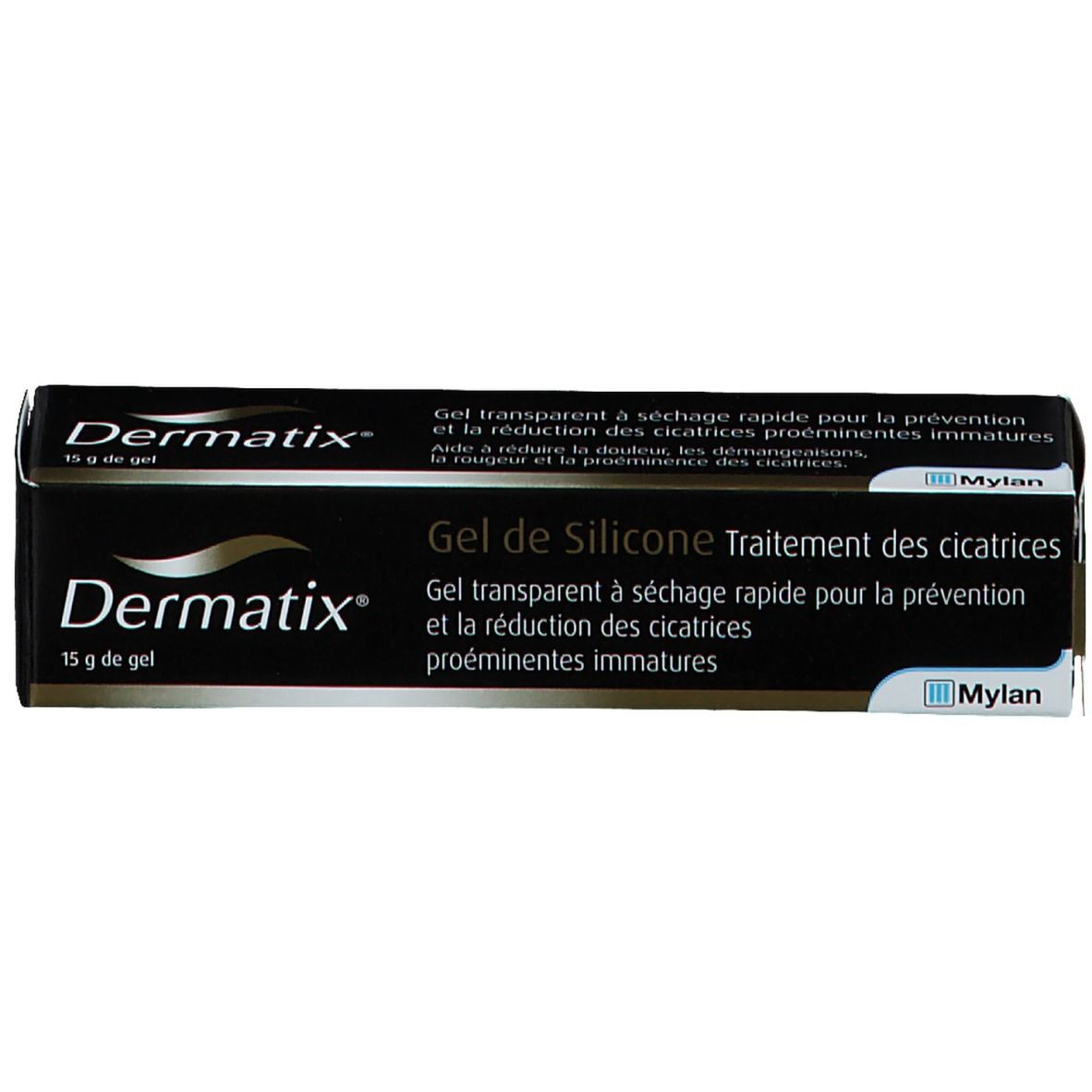 Boîte noire avec nom du produit et texte. Contient 15 g de gel. Logo Mylan.