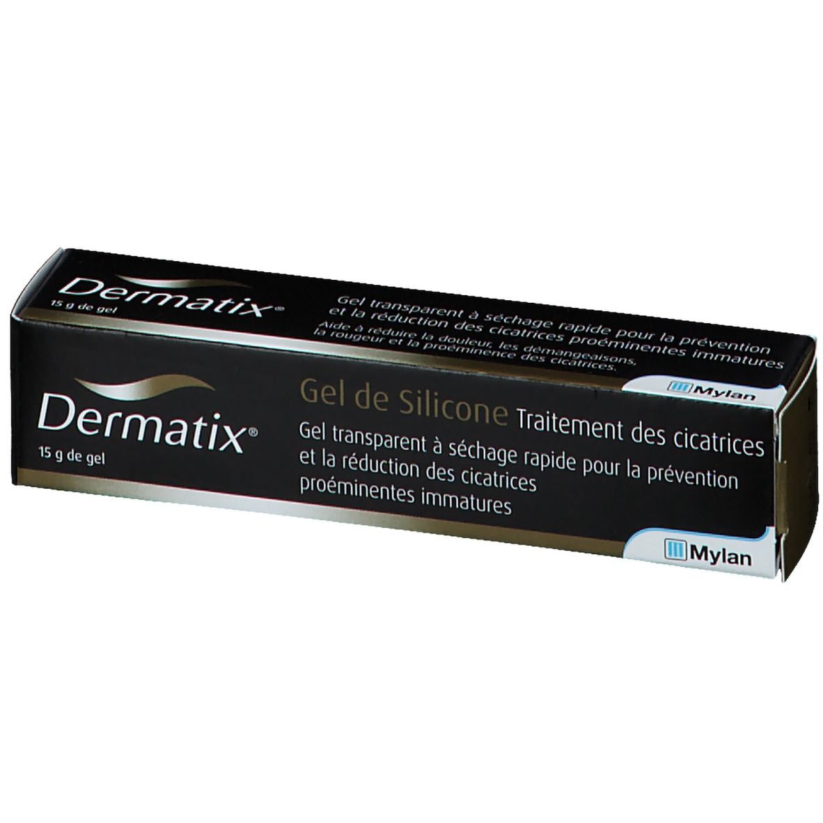 Boîte noire avec nom du produit et texte. Contient 15 g de gel. Logo Mylan.