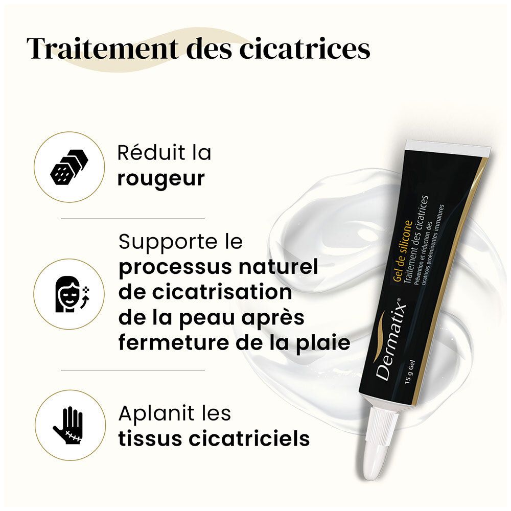 Grafik mit Text: Reduziert Rötungen, unterstützt die natürliche Wundheilung, glättet Narbengewebe. Dermatix® Gel-Tube.