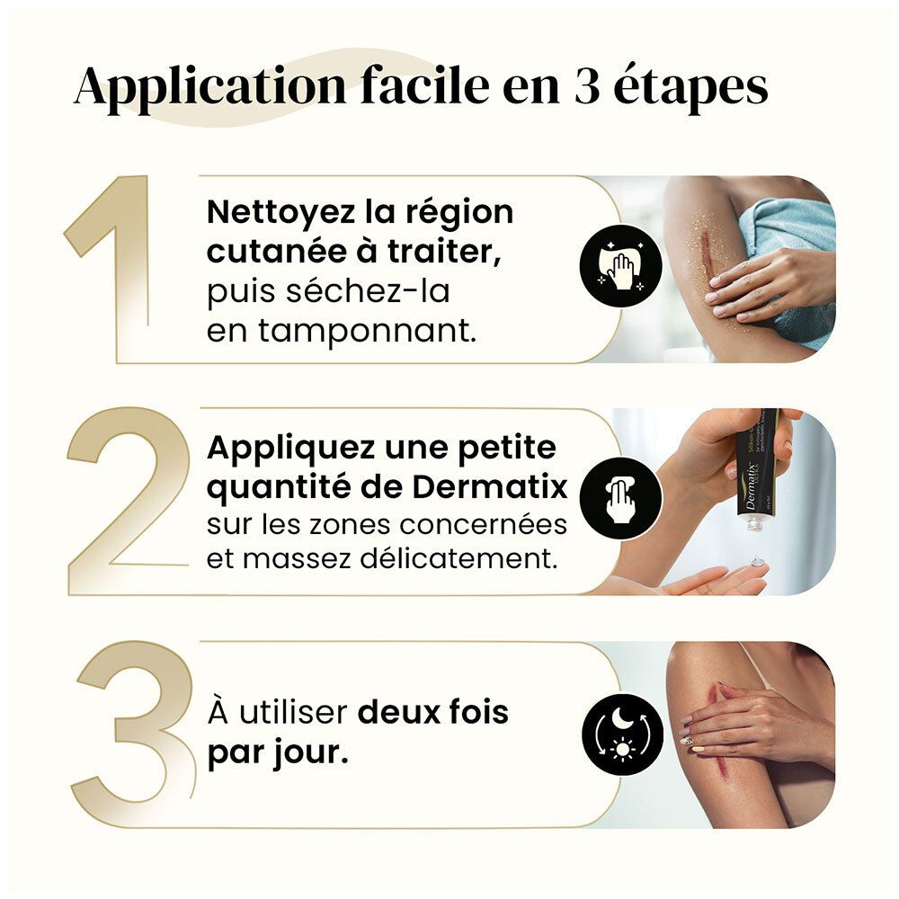 Anleitung in 3 Schritten: Reinigen, auftragen, zweimal täglich verwenden. Abbildungen von Haut und Gel-Tube.