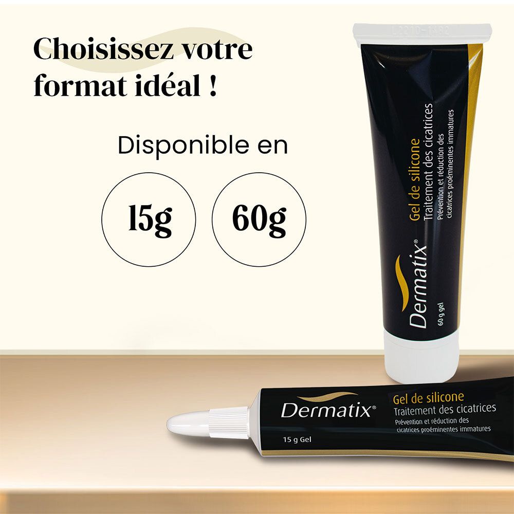 Auswahl: 15g und 60g Dermatix® Gel-Tuben. Zwei Tuben nebeneinander.