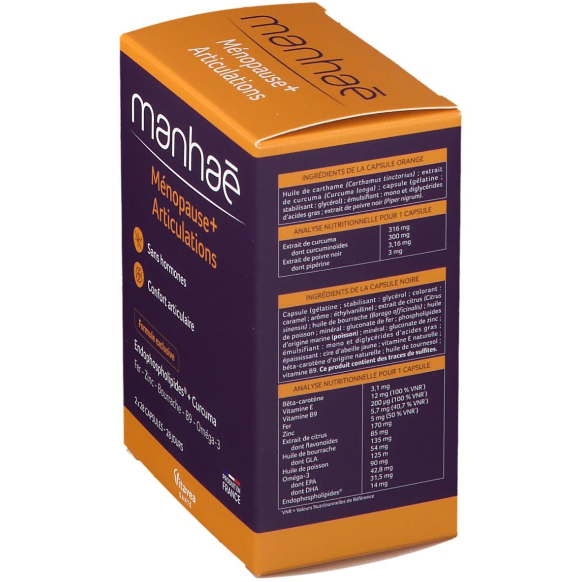 Boîte Manhaé. Vue détaillée des ingrédients et de l'analyse nutritionnelle. Boîte orange et violette.