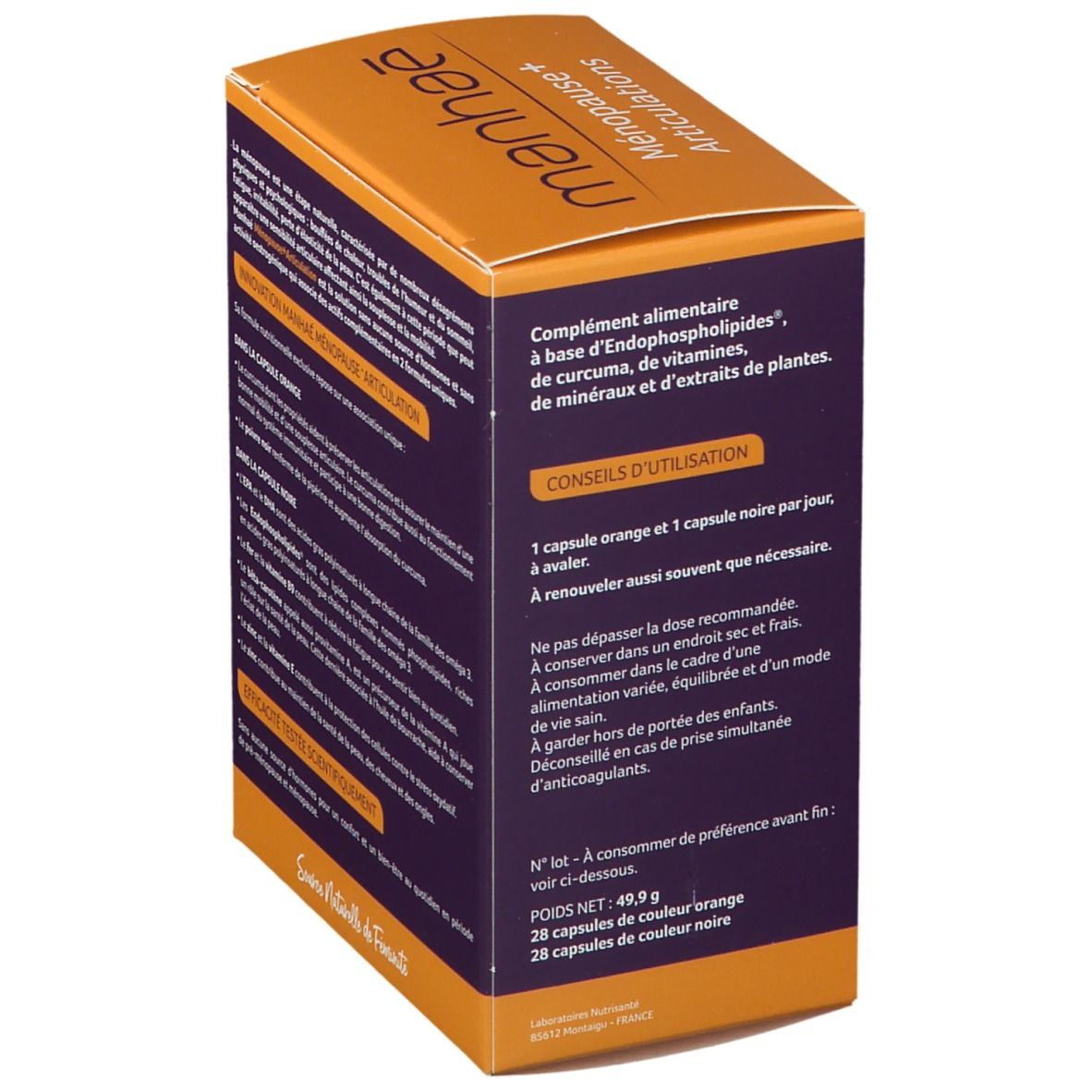 Boîte Manhaé. Vue détaillée des conseils d'utilisation. Boîte orange et violette.