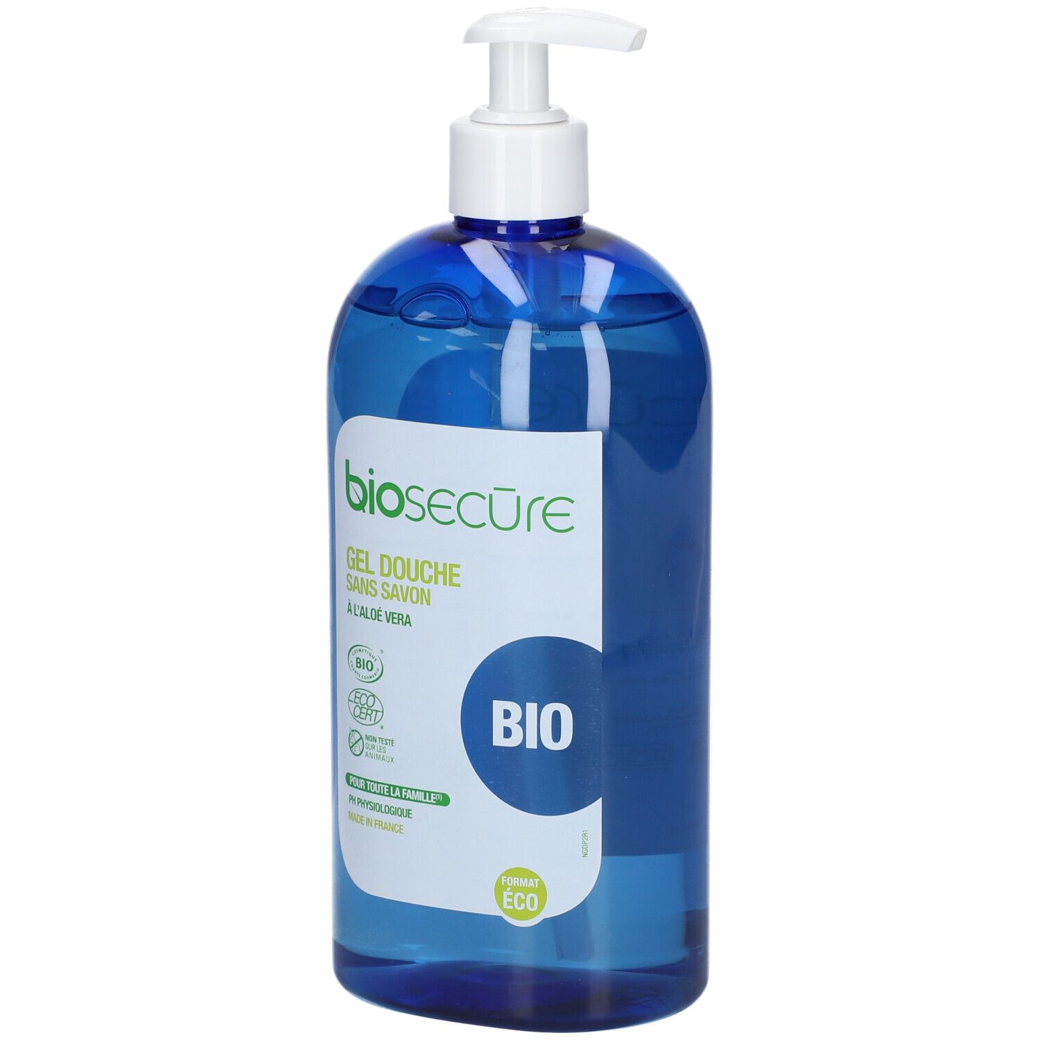 Blaue Flasche mit weißem Pumpkopf. Aufschrift: biosecure, GEL DOUCHE SANS SAVON, BIO. Mit Bio-Siegel.
