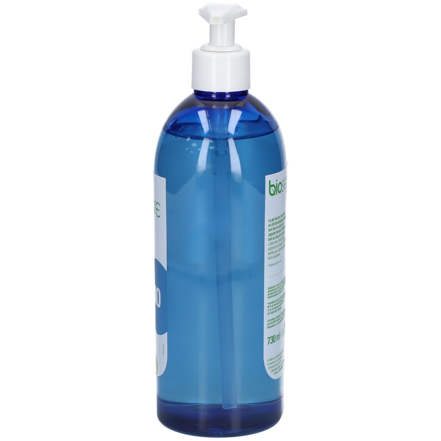 Blaue Flasche mit weißem Pumpkopf. Aufschrift: biosecure, BIO. Volumen: 730 ml.