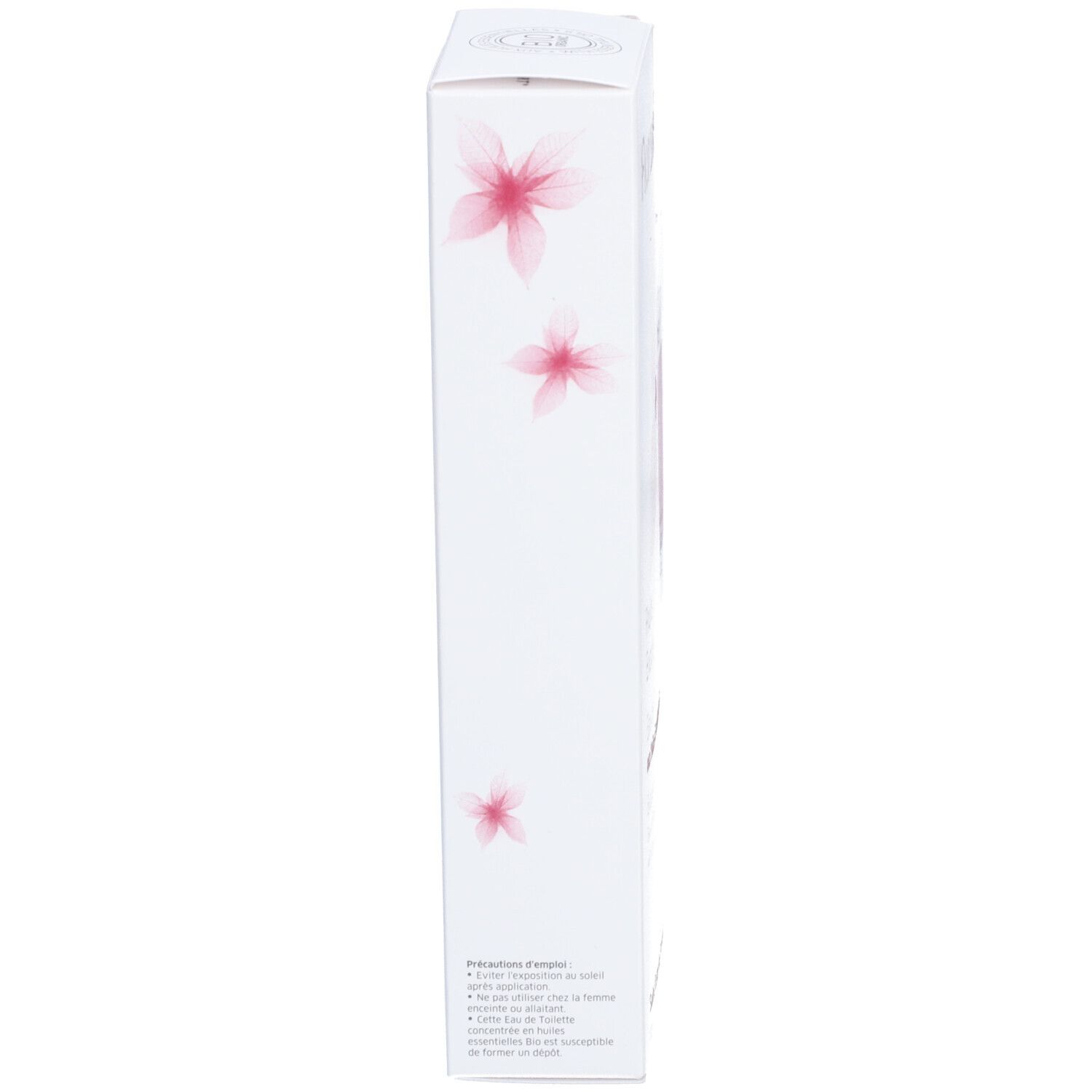 Boîte blanche avec motif floral rose. Texte: Exemples de présentation. Florame Eau de Toilette.