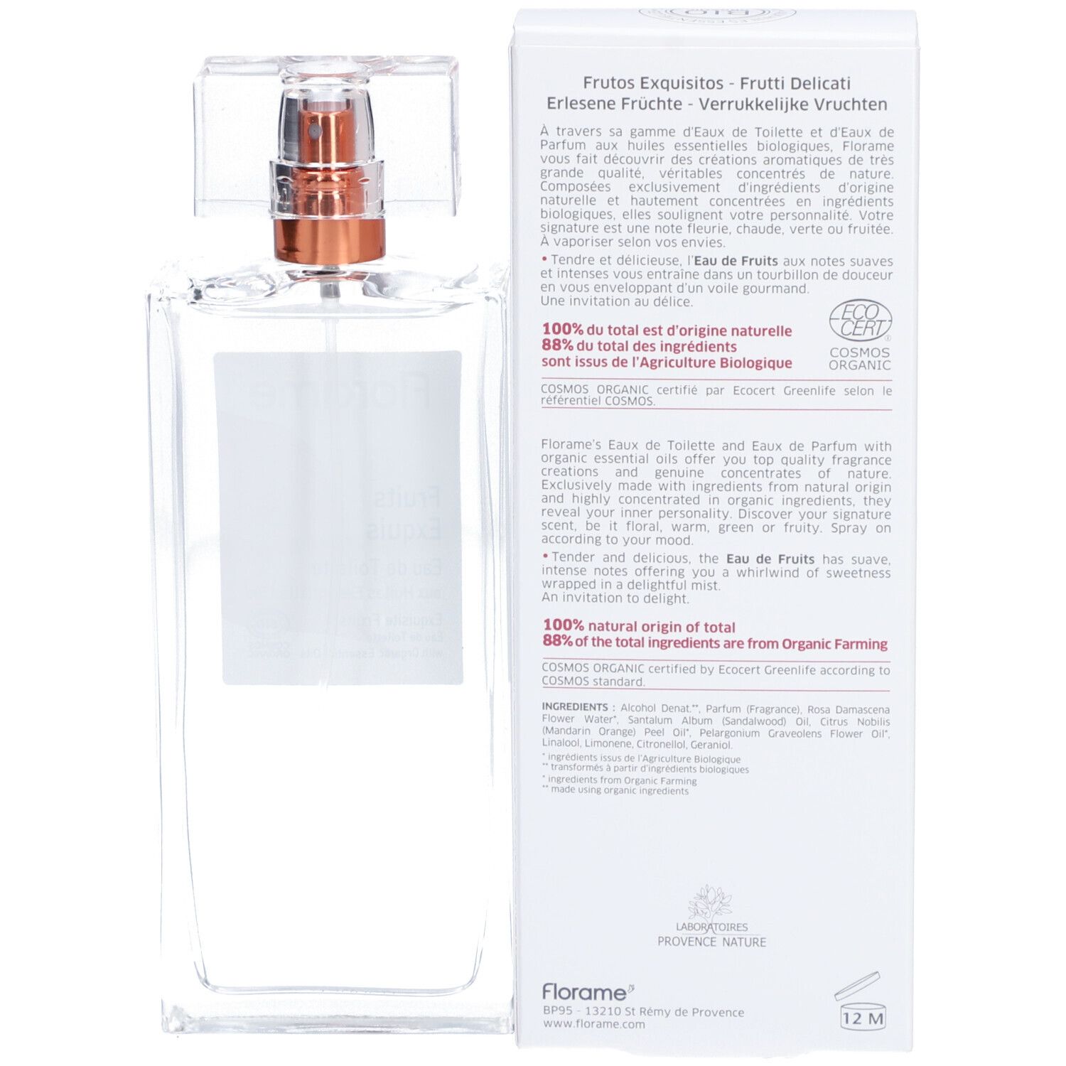 Flacon en verre transparent avec vaporisateur et emballage blanc. Texte: Frutos Exquisitos, ingrédients 100% naturels.