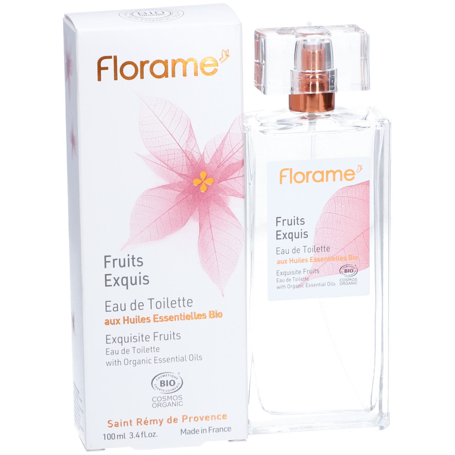 Flacon et emballage. Texte: Florame, Fruits Exquis, Eau de Toilette aux Huiles Essentielles Bio, 100ml.