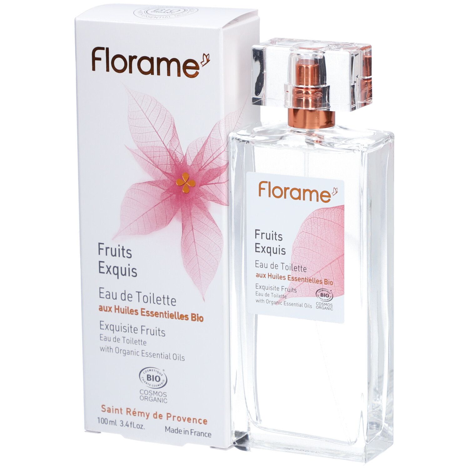Flacon et emballage. Texte: Florame, Fruits Exquis, Eau de Toilette aux Huiles Essentielles Bio, 100ml.