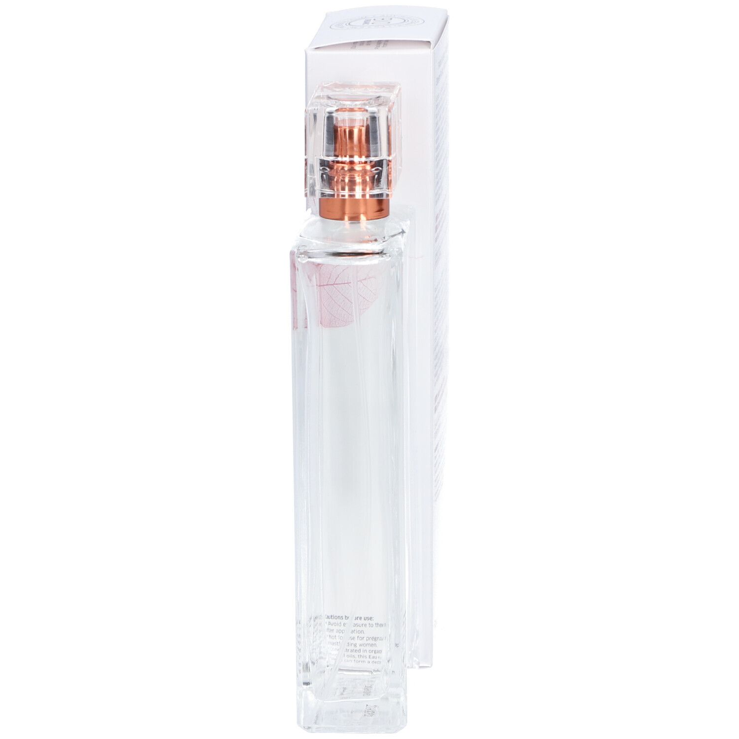 Flacon en verre transparent avec vaporisateur et emballage. Texte: Florame, Eau de Toilette.