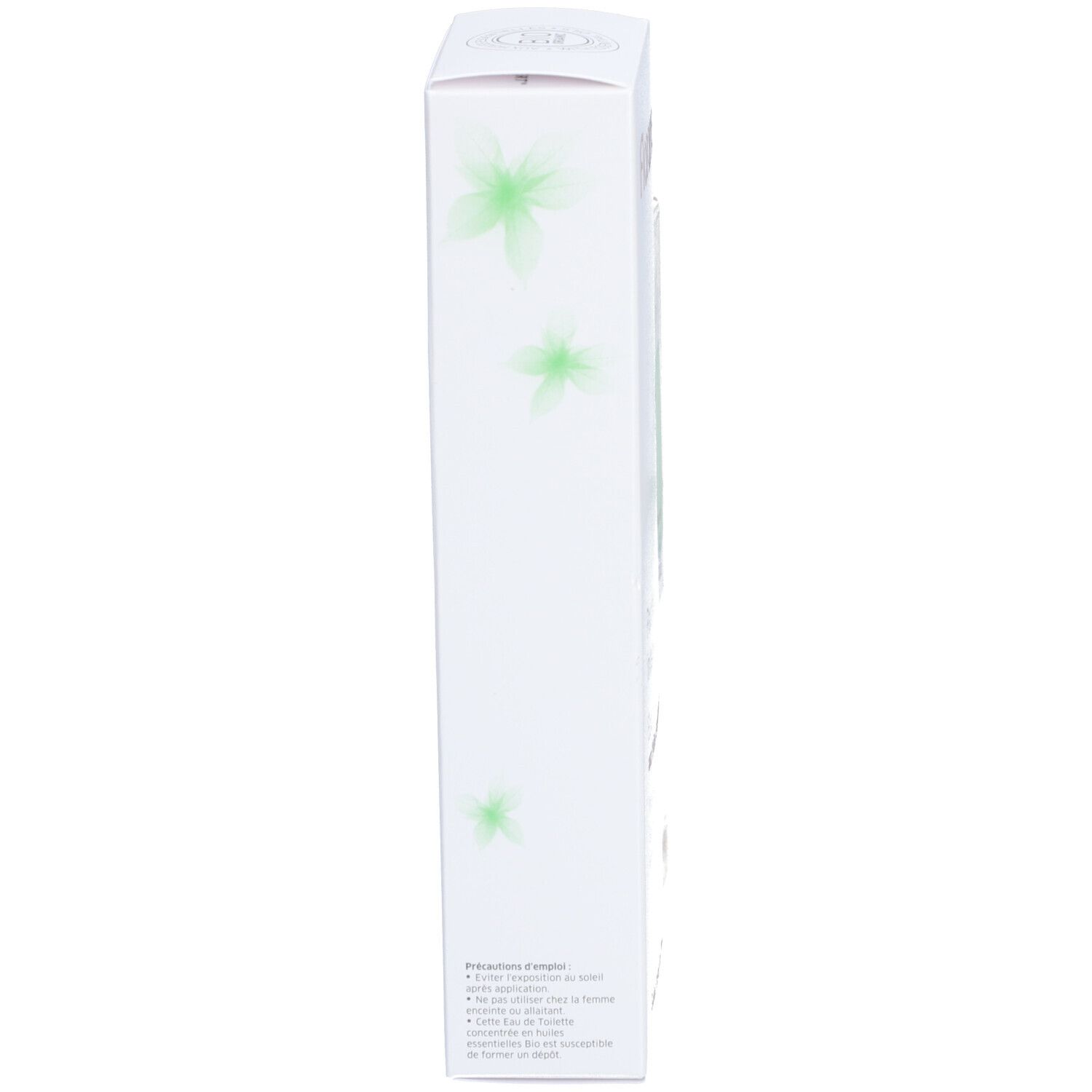 Boîte blanche avec motifs floraux verts. Texte: Précautions d'emploi. Nom du produit non visible.