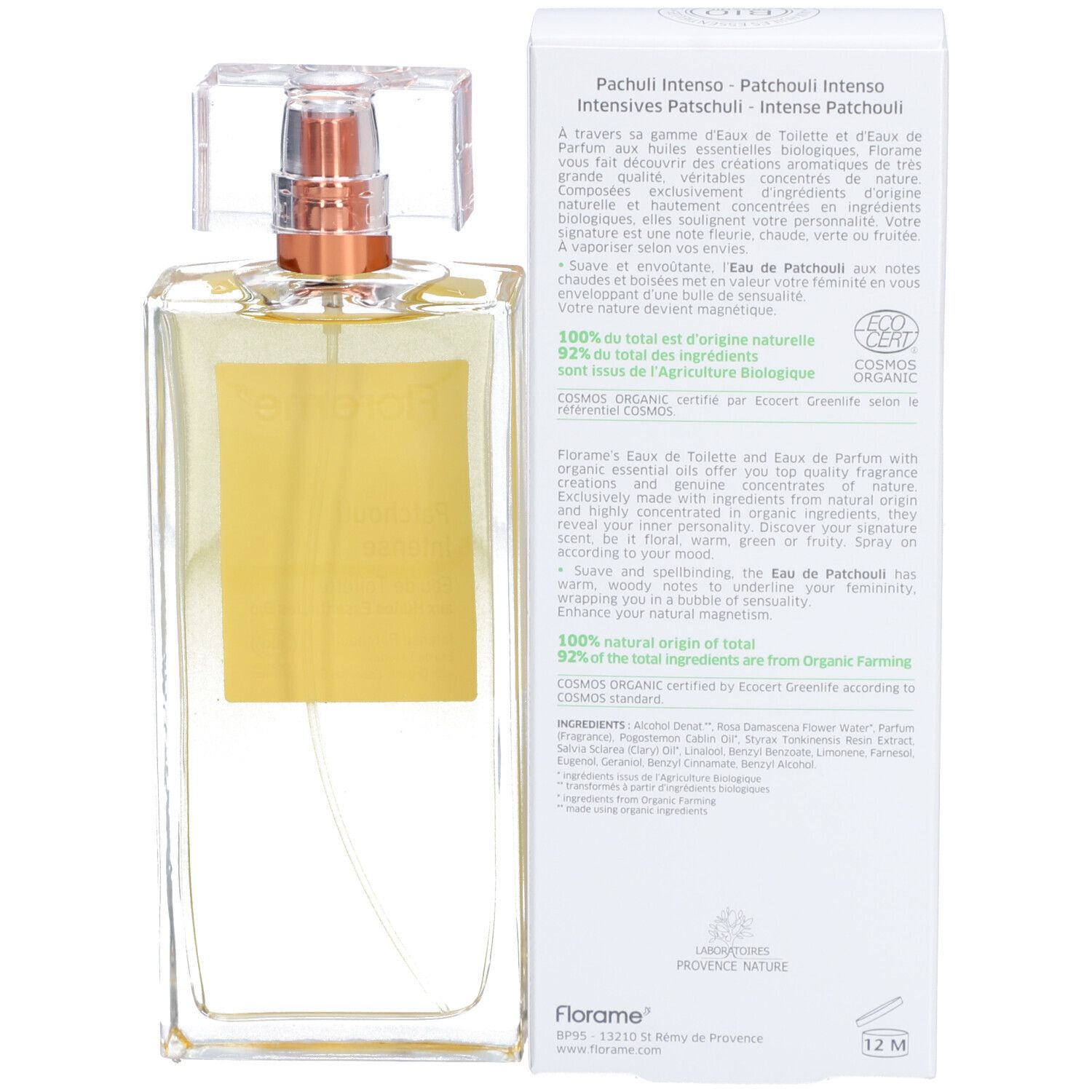 Flacon en verre avec liquide doré et vaporisateur. Emballage blanc avec texte. Certification COSMOS ORGANIC.