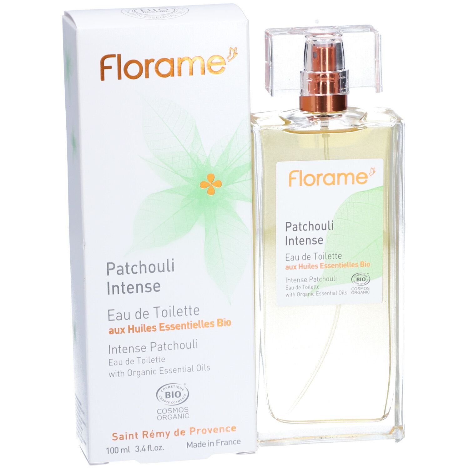 Flacon en verre et emballage. Flacon avec liquide doré. Emballage avec nom du produit et certification BIO.