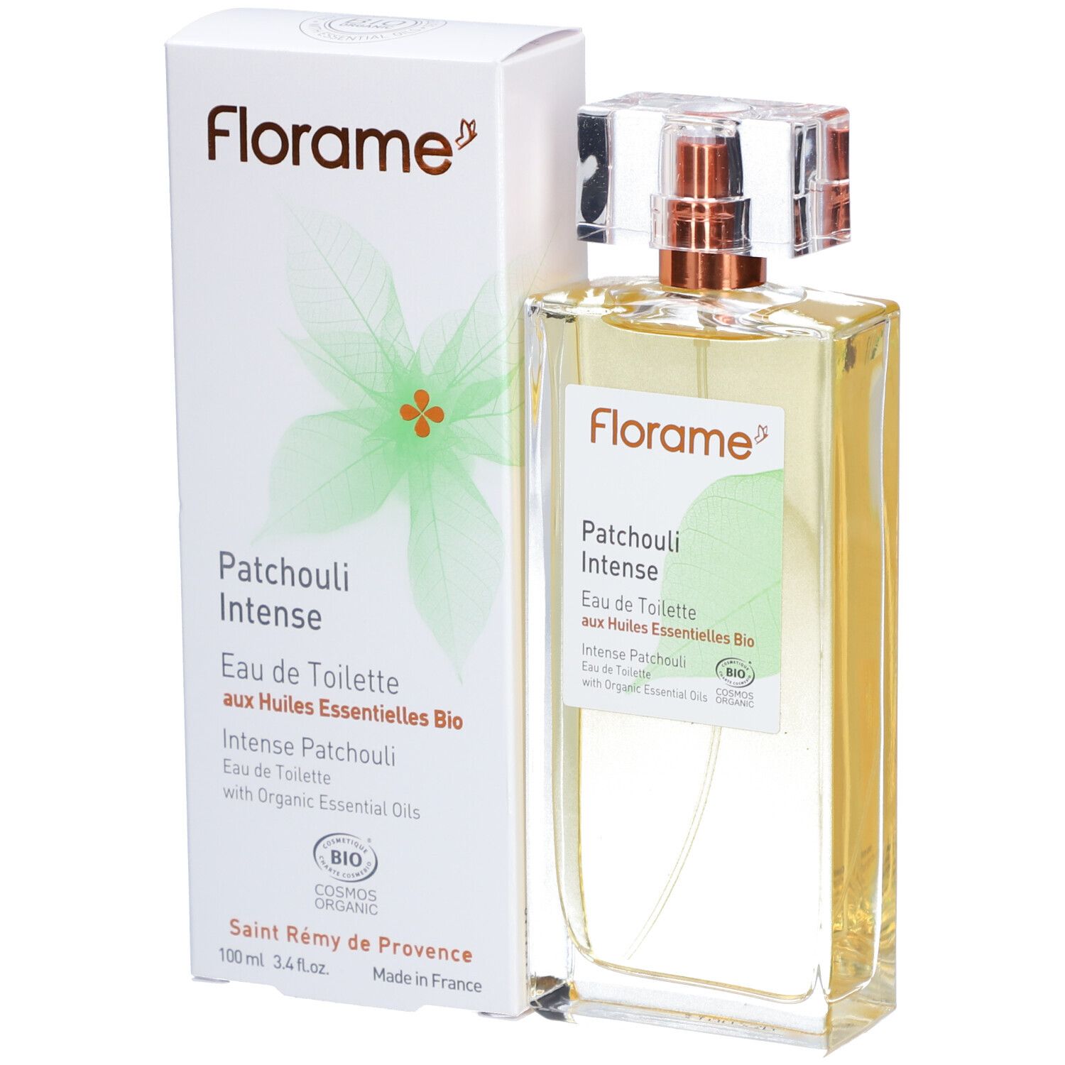 Flacon en verre et emballage. Flacon avec liquide doré. Emballage avec nom du produit et certification BIO.