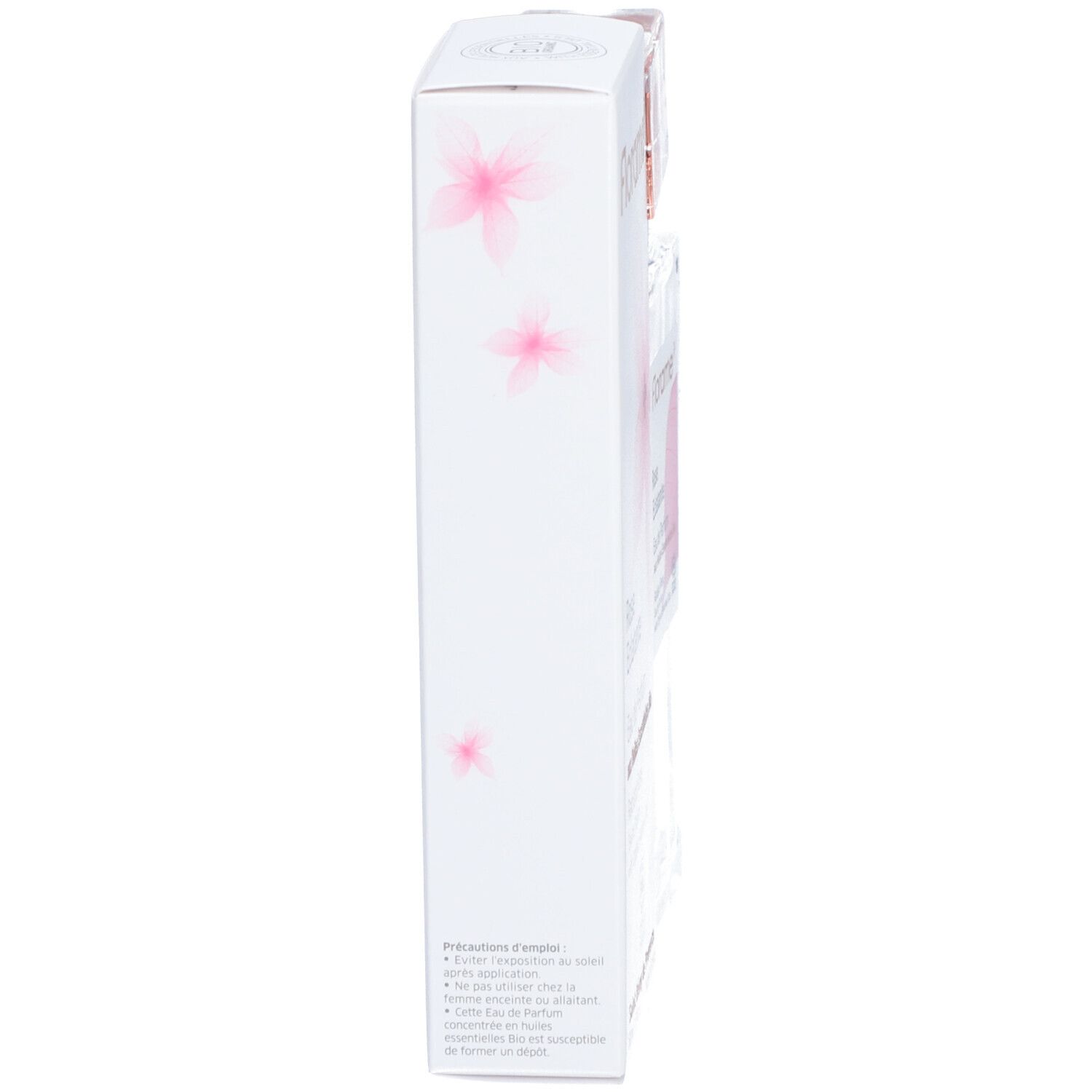 Boîte blanche avec fleurs roses. Texte: Précautions d'emploi. Florame Eau de Toilette.