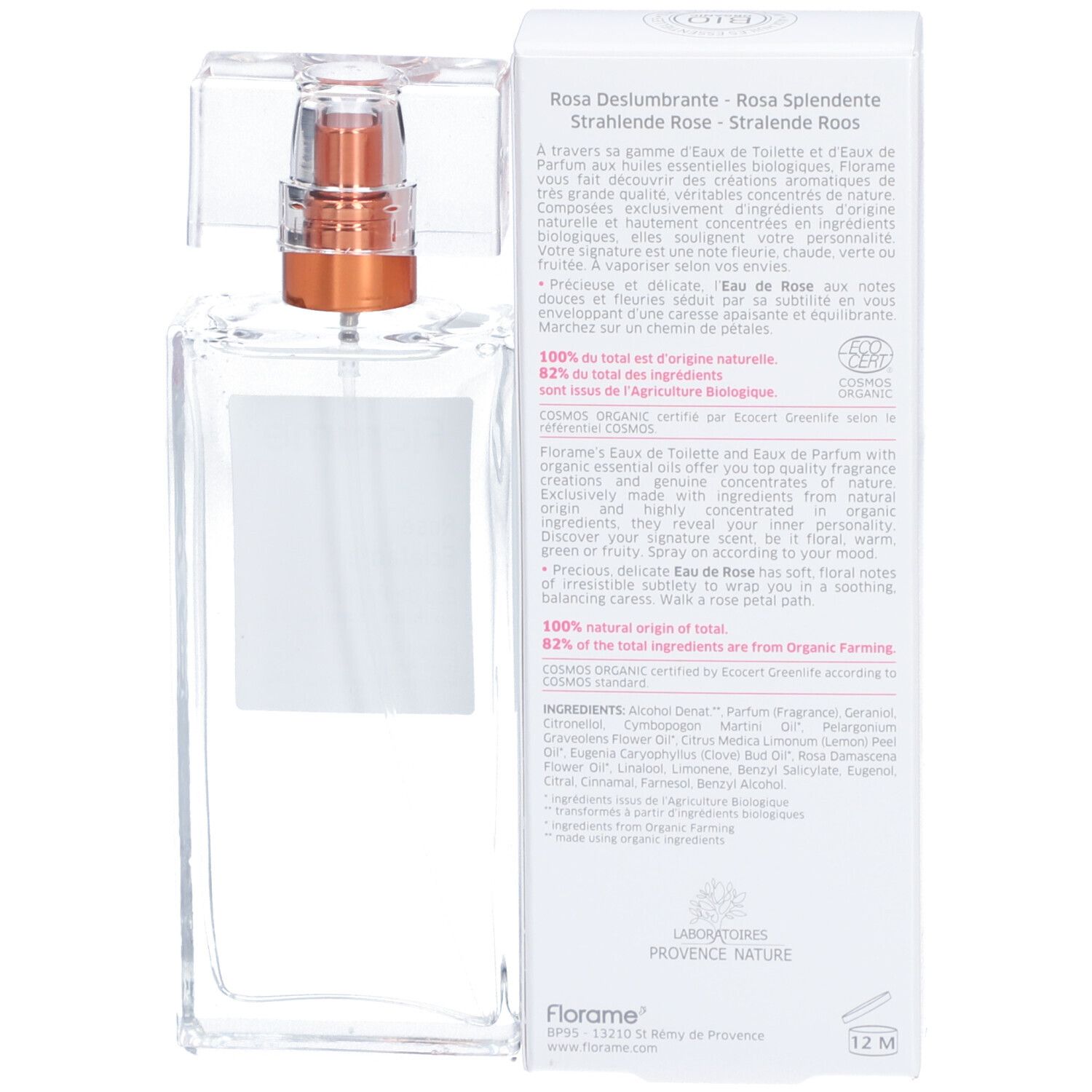 Flacon en verre avec vaporisateur et texte. Rosa Deslumbrante - Rose éclatante. Texte: Florame Eau de Toilette.