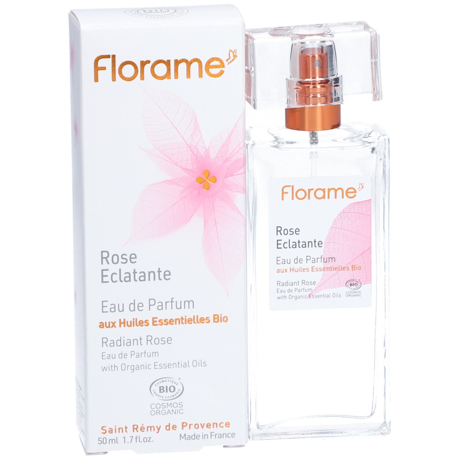 Flacon en verre et emballage. Texte: Florame, Rose Eclatante, Eau de Parfum aux Huiles Essentielles Bio.