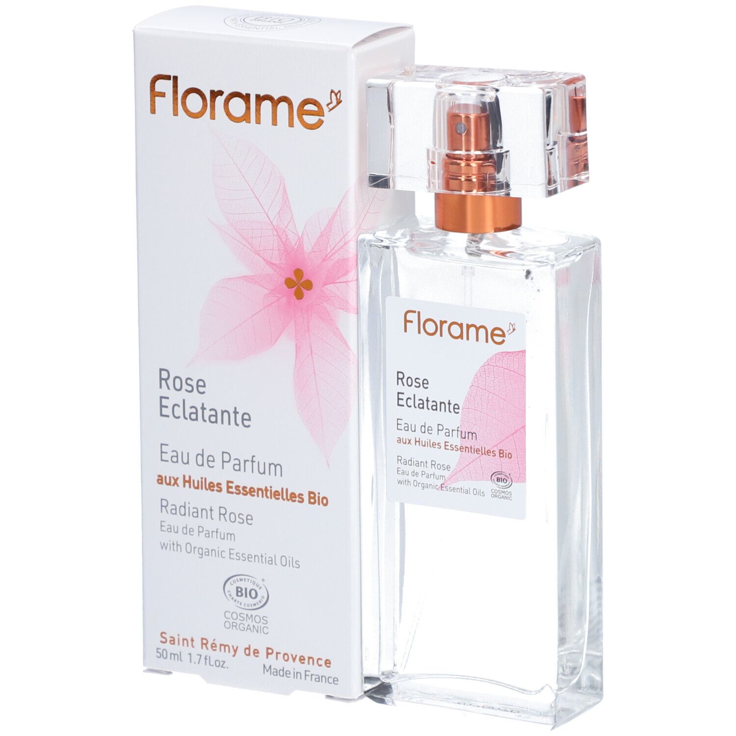 Flacon en verre et emballage. Texte: Florame, Rose Eclatante, Eau de Parfum aux Huiles Essentielles Bio.