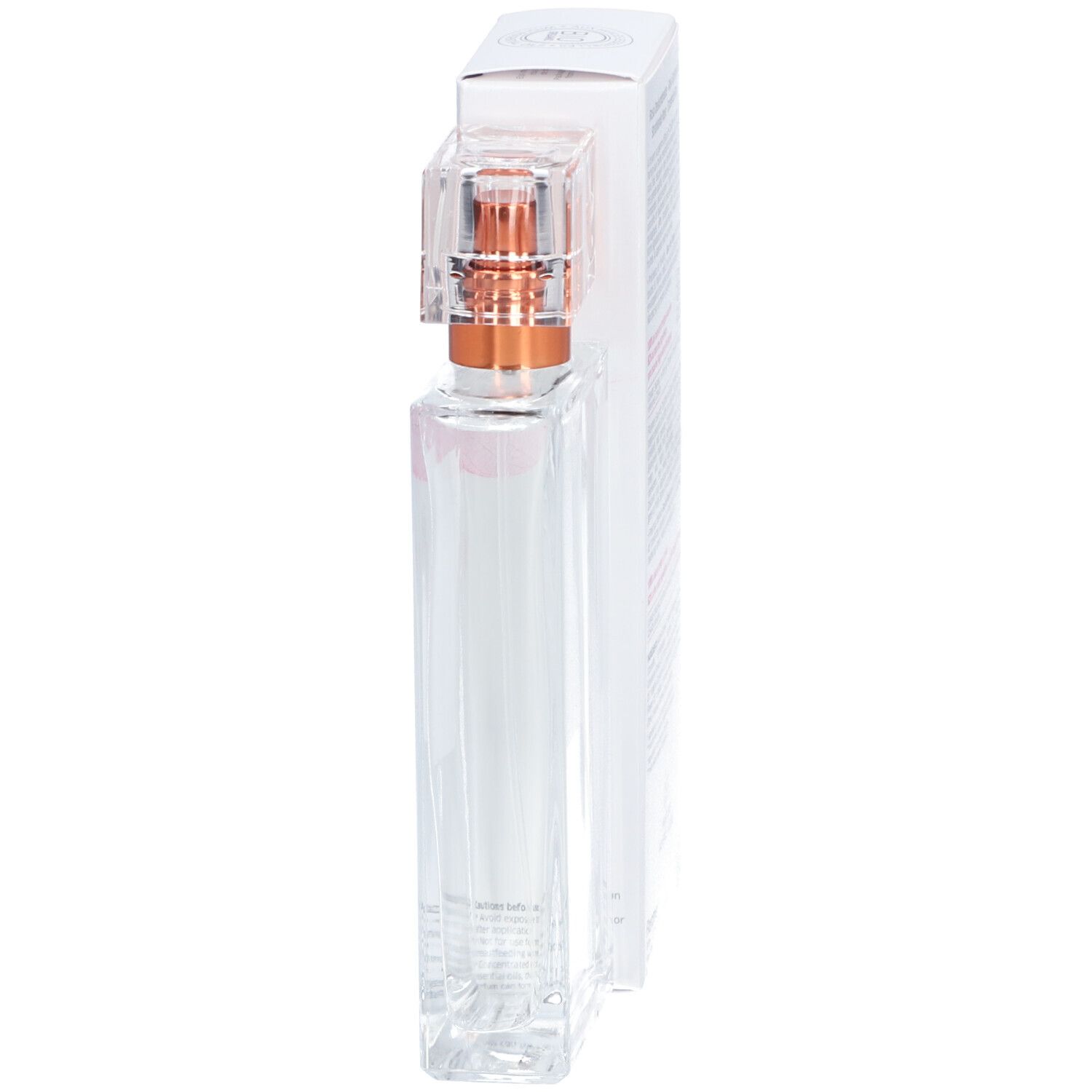 Flacon en verre avec vaporisateur et emballage. Texte: Florame, Rose Eclatante, Eau de Parfum.