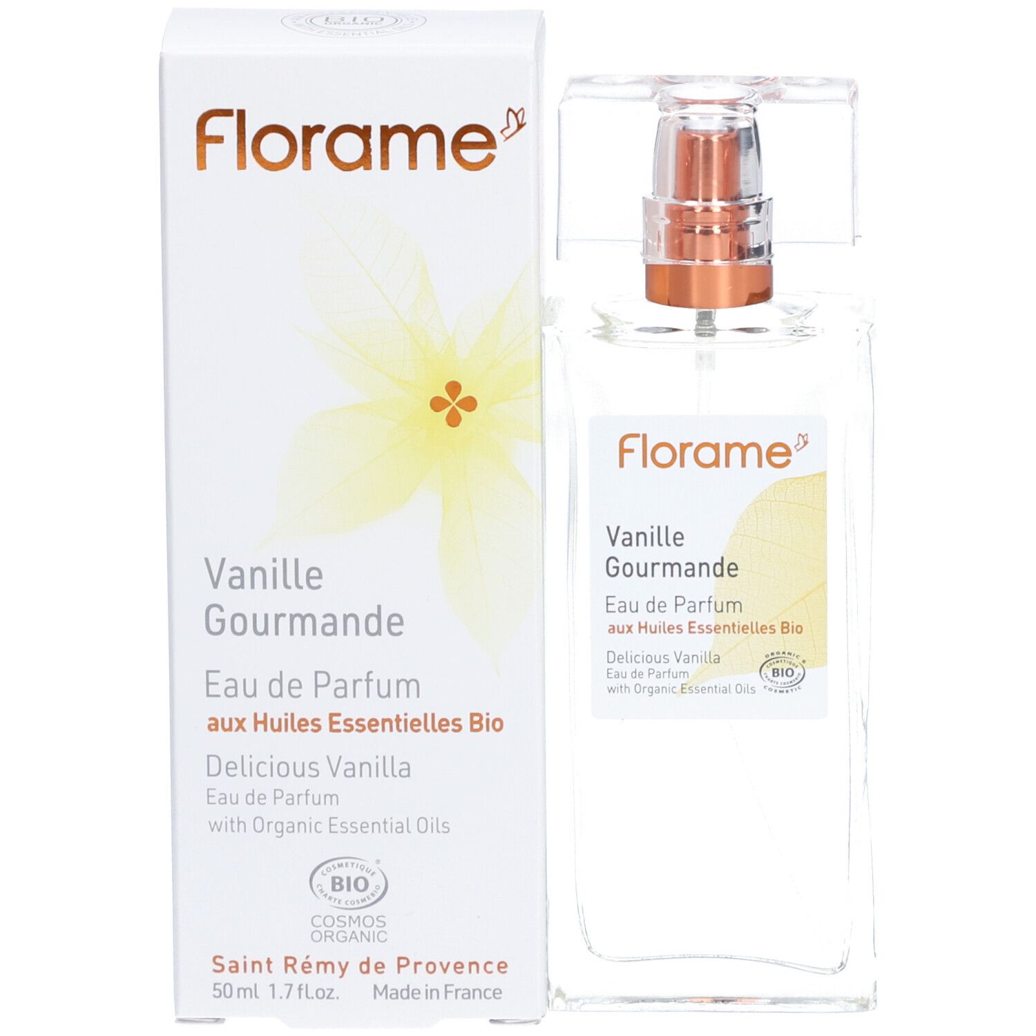 Flacon et boîte de parfum. Inscription : Florame, Vanille Gourmande, Eau de Parfum aux Huiles Essentielles Bio. Certification bio.