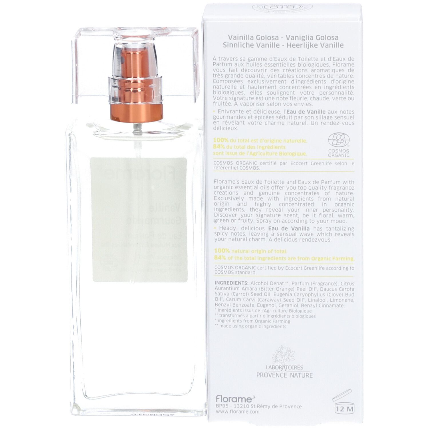 Flacon et boîte de parfum. Inscription : Florame, Vanille Gourmande, Eau de Parfum aux Huiles Essentielles Bio. Certification bio. Texte au dos.