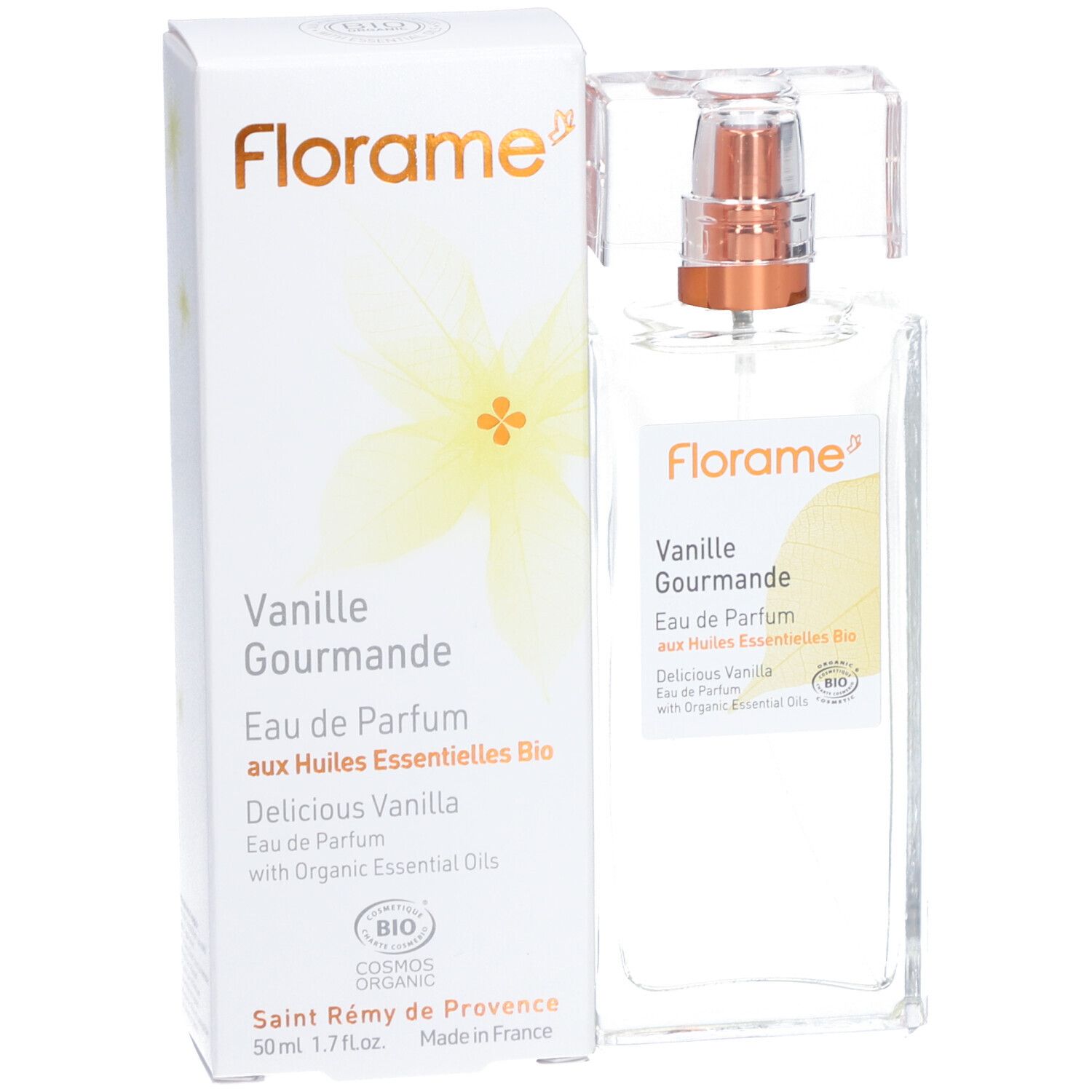 Flacon et boîte de parfum. Inscription : Florame, Vanille Gourmande, Eau de Parfum aux Huiles Essentielles Bio. Certification bio.