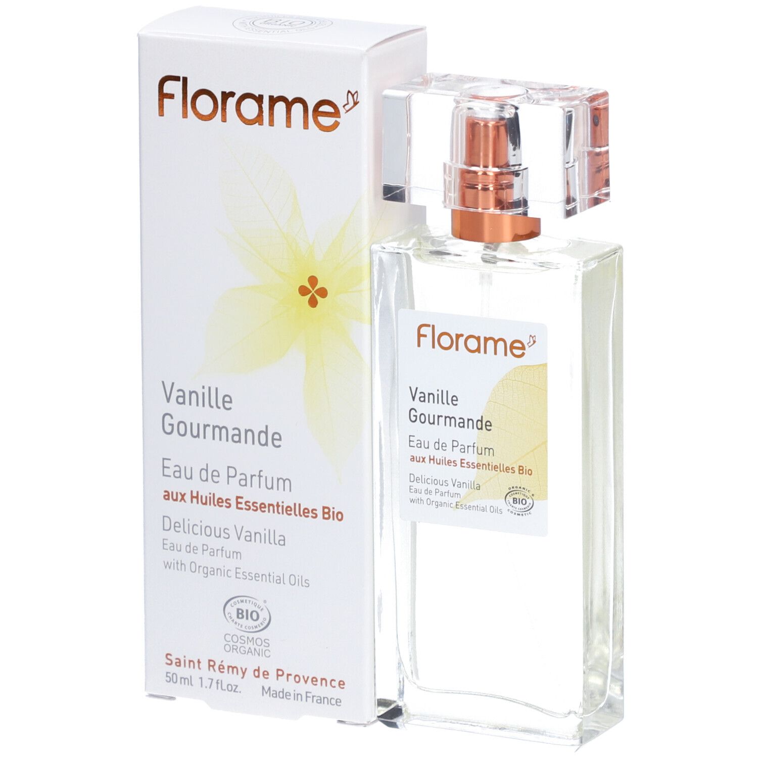 Flacon et boîte de parfum. Inscription : Florame, Vanille Gourmande, Eau de Parfum aux Huiles Essentielles Bio. Certification bio.