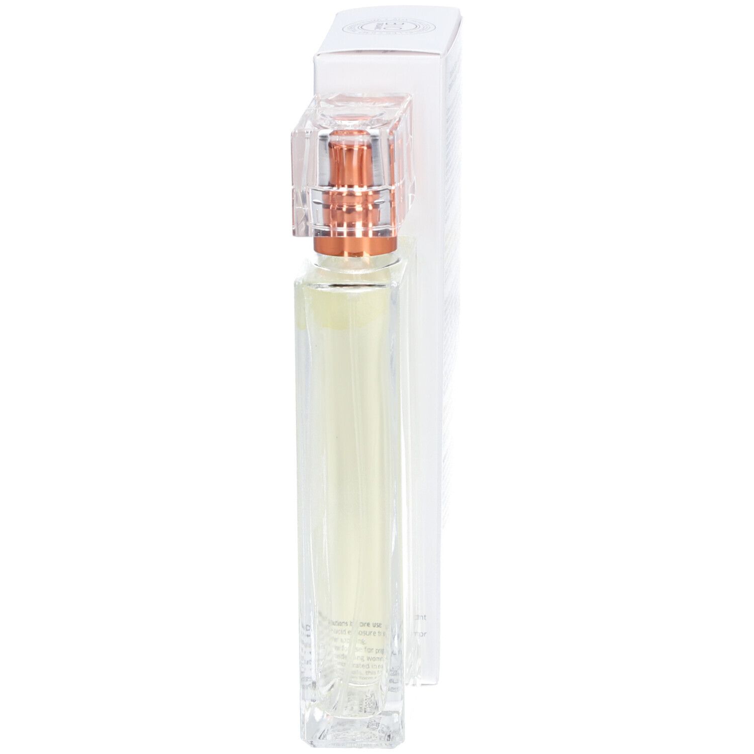 Flacon et boîte de parfum. Inscription : Florame, Vanille Gourmande. Flacon allongé et transparent.