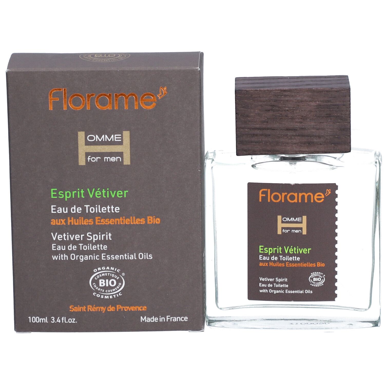 Glasflakon mit Holzdeckel und Karton. Aufschrift: Florame Homme, Esprit Vétiver, Eau de Toilette. Bio-Zertifizierung.